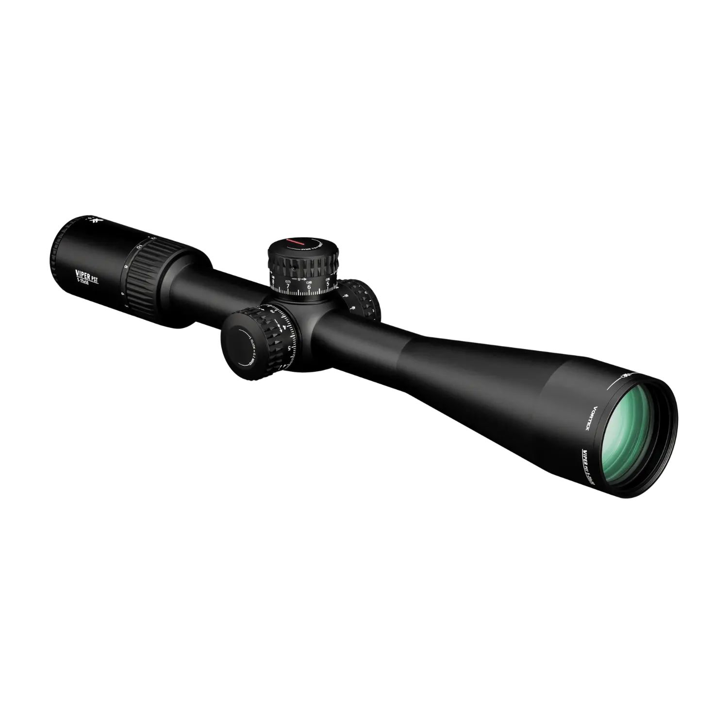 Vortex Zielfernrohr Viper PST Gen II 5-25x50 MRAD FFP mit langem schwarzem Körper, Verstelltürme und grünem Objektiv-Glas.