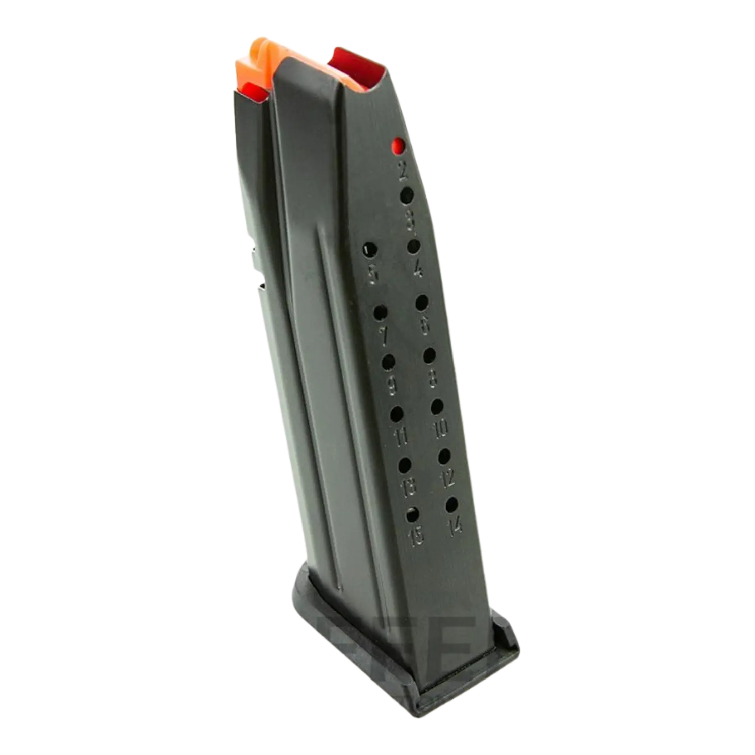 Magazin für CZ P-07 Pistole, 9 mm Para, schwarzes Metall mit orangefarbenem Follower, Kapazität bis 15 Patronen