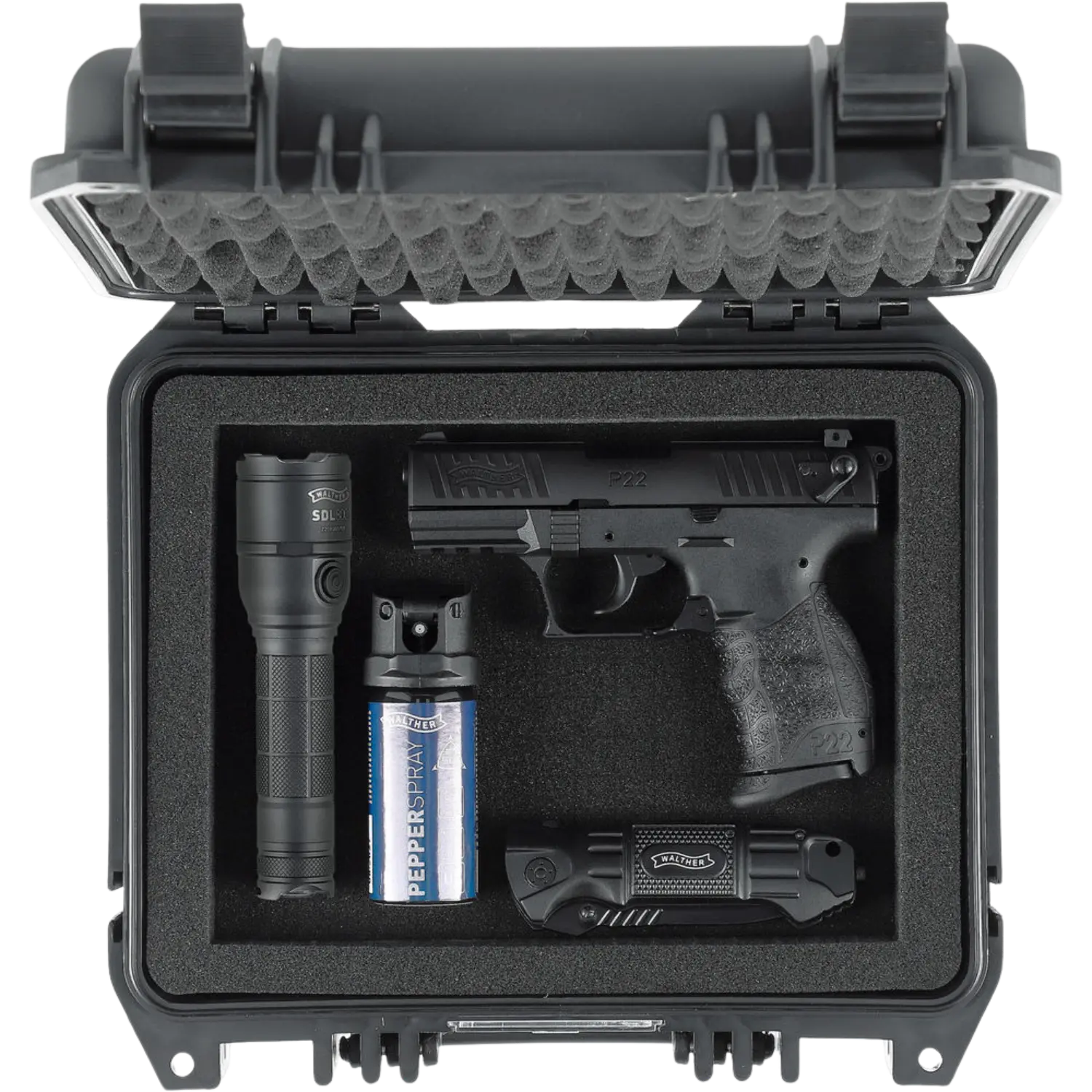 Walther R2D Kit: Schwarz geschützter Koffer mit Pistole P22, Taschenlampe, Pfefferspray und Taschenmesser.