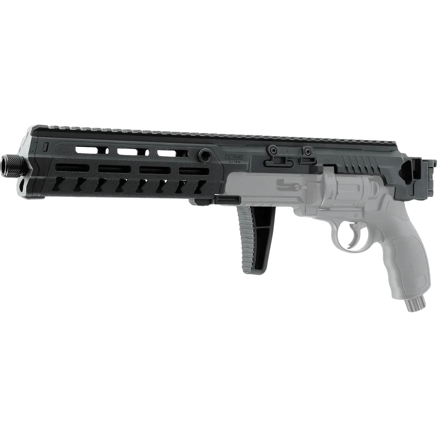 Carbine Conversion Kit TR50 in Schwarz, zeigt einen langen, flachen Schaft mit Picatinny-Schienen und einer Griffpartie.