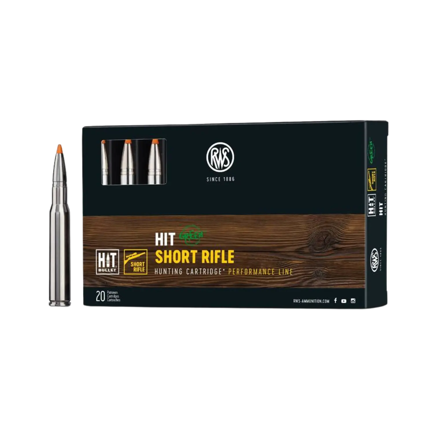 Packung mit 20 Jagdpatronen der Marke RWS, Modell 'HIT Short Rifle'. Auf der Vorderseite sind drei Patronen sichtbar, die aufrecht stehen. Die Verpackung hat eine Holzoptik.