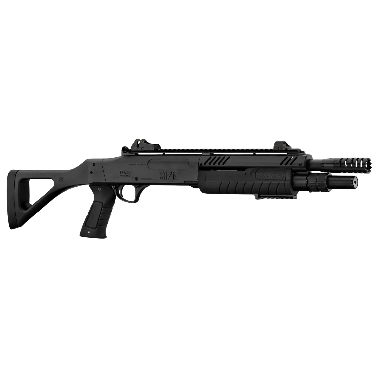 Schwarze kompakte Shotgun mit kurzem Lauf, Pistolengriff, Modell STF12.