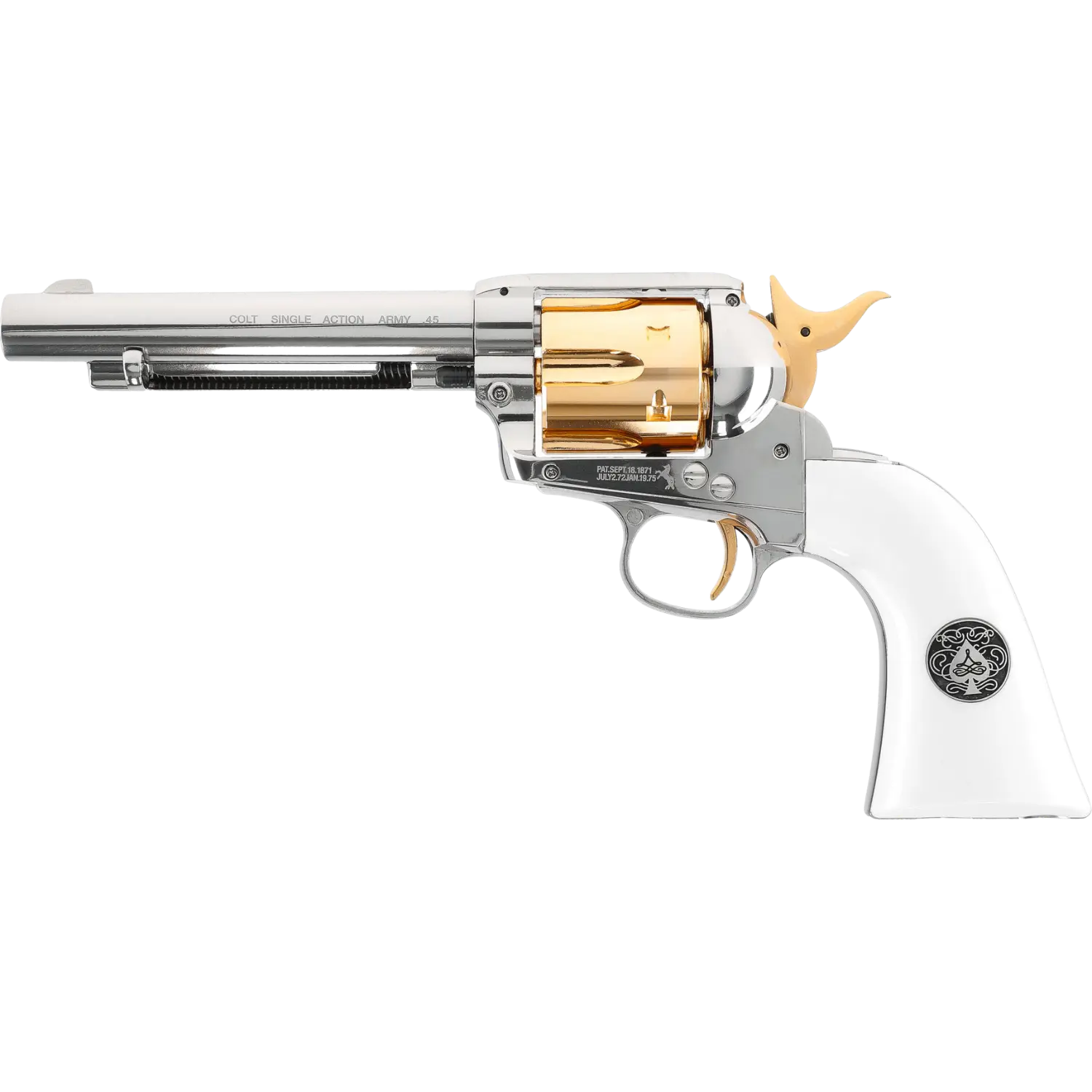 CO2-Revolver mit silbernem Lauf, goldenem Trommelzylinder und weißem Griff mit schwarzem Pik-Ass-Emblem.