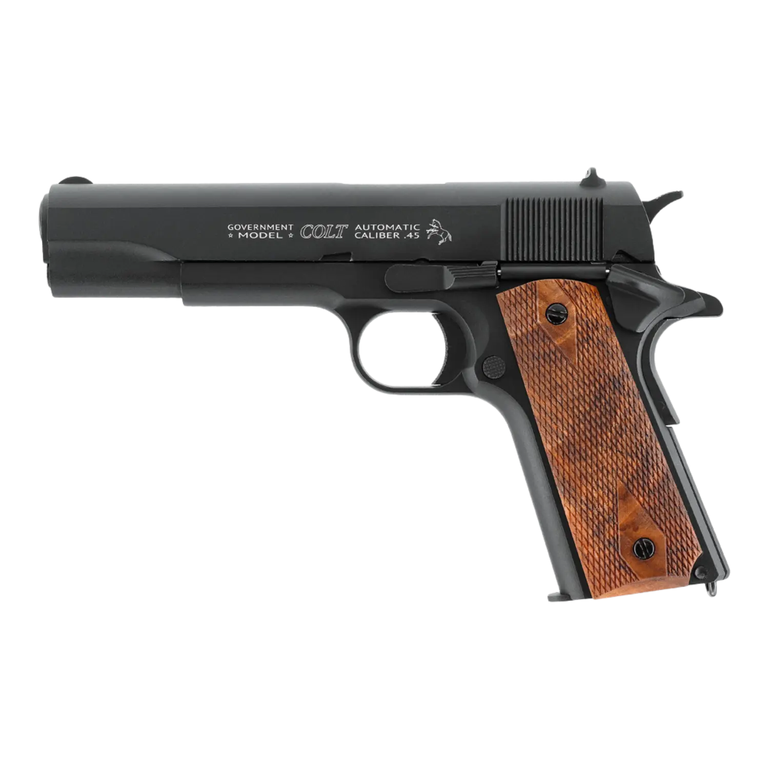 Colt 1911 Classic BLK-WD CO2 Pistole 4,5mm BB Schwarze CO2-Pistole Colt Government Model mit braunen Holzgriffschalen und sichtbaren Beschriftungen auf dem Lauf.