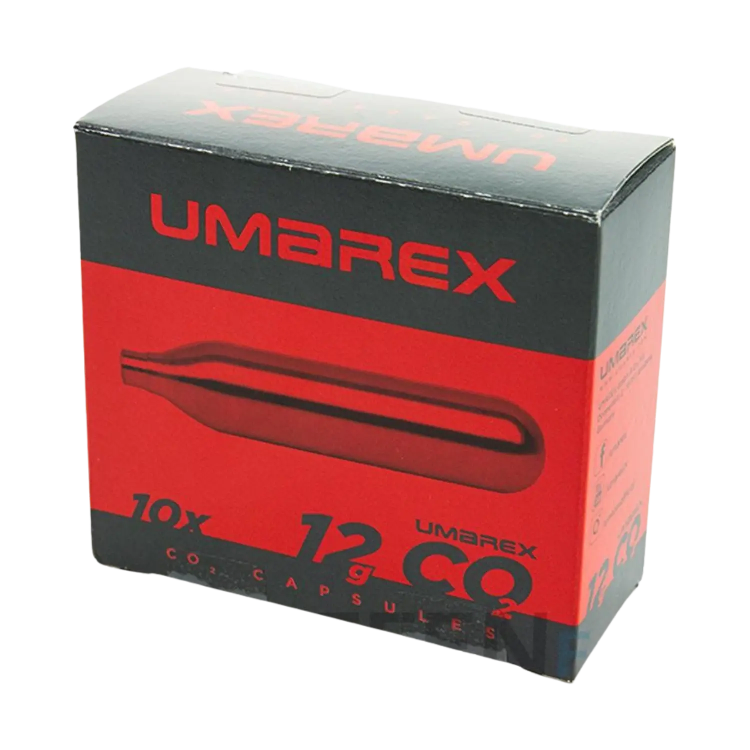 Schwarze Verpackung mit rotem Text 'UMAREX' und '12 g CO2 CAPSULES', zeigt eine Kapsel und die Anzahl '10x'.