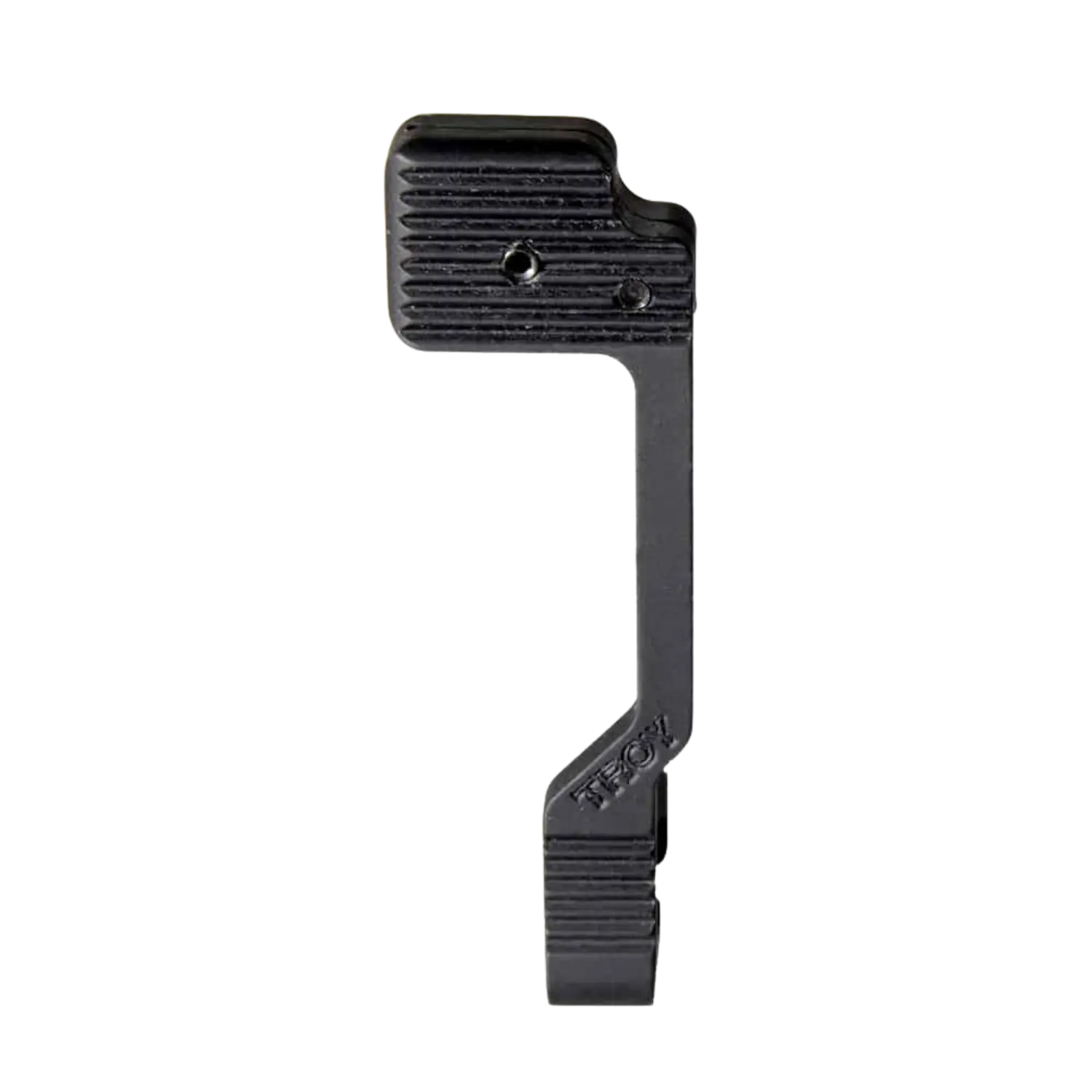 Schwarzes, beidseitig bedienbares Verschlussfreigabeteil mit geriffelter Oberfläche und der Prägung 'TROY'.