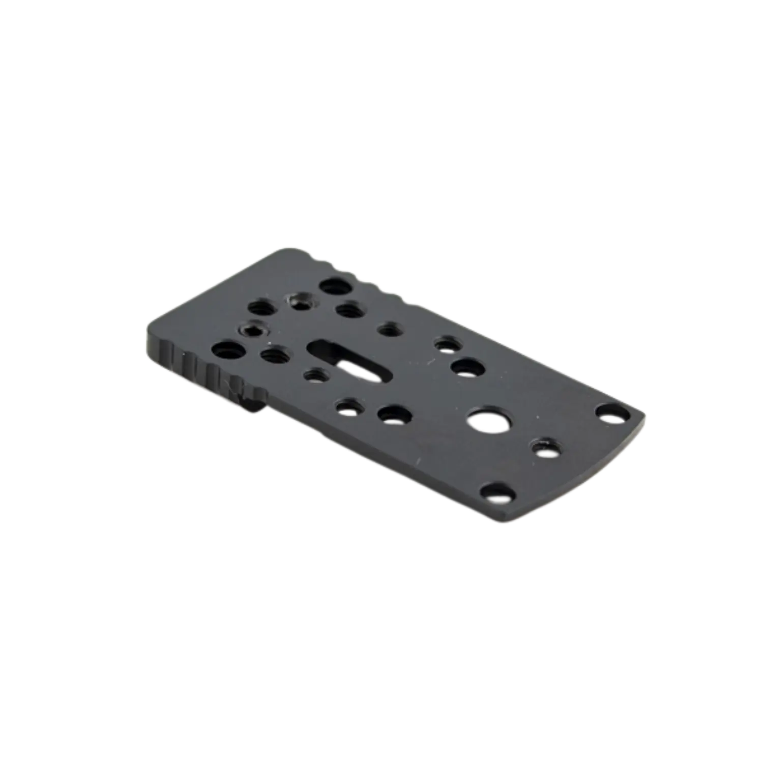 Schwarze Montageplatte mit mehreren Bohrungen und geriffeltem Rand, flach und rechteckig, für Beretta 92X Performance Red dot.
