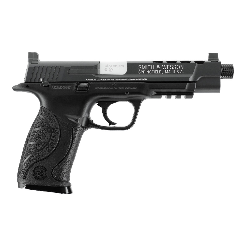 S-W-M-P9-L-4-5mm-Stahl-BB Smith & Wesson M&P9L 4,5mm BB CO2 Pistole mit originalen Markings + M14x1 Linksgewinde