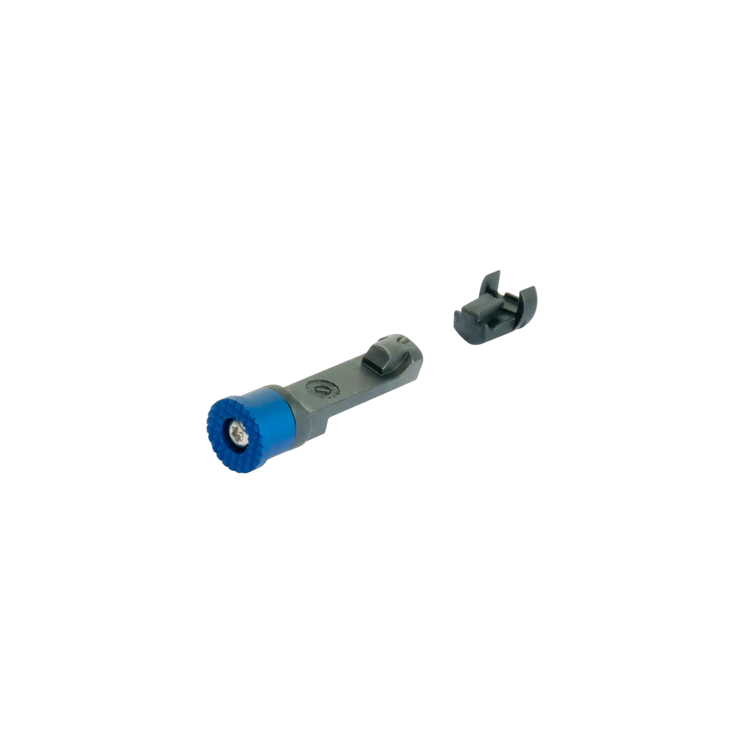 Verlängerter Magazinhalter aus Aluminium mit blauem, rundem Knopf und grauem Schaft sowie kleinem grauem Zubehörteil