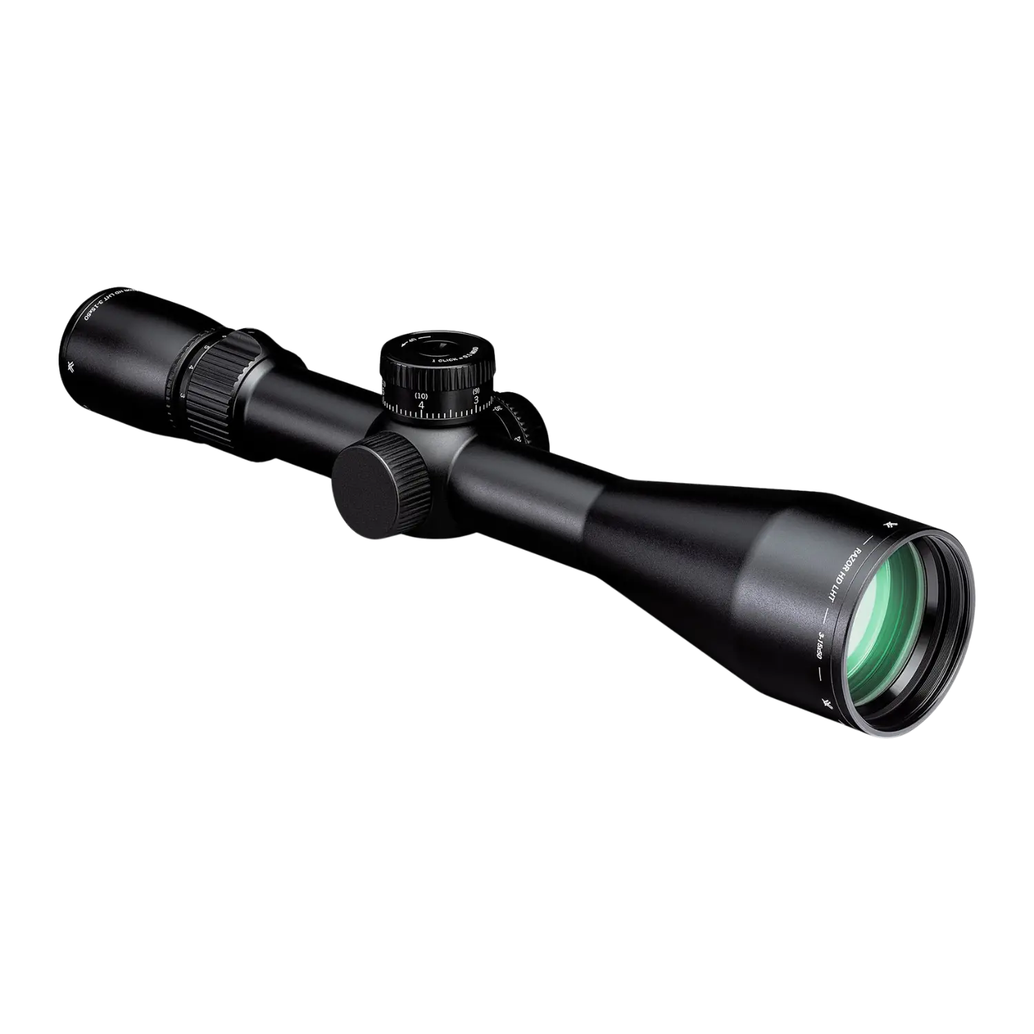Vortex Razor LHT 3-15x50 Zielfernrohr, schwarz, mit einem langen, konischen Gehäuse und grünem Objektiv. Sichtbare Einstellräder und Markierungen.