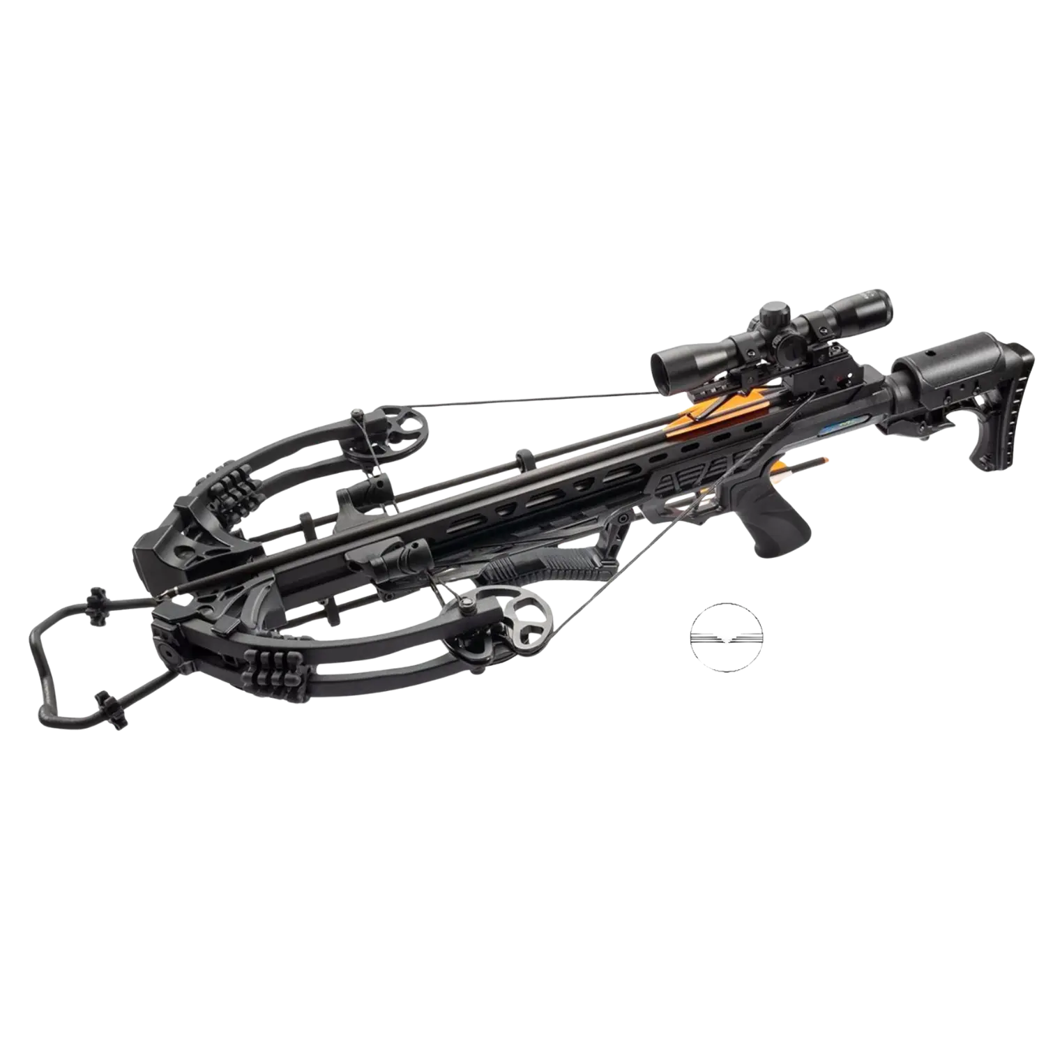 Compound Armbrust KRAKEN 200 LBS Moderne Armbrust mit schwarzem Schaft, montiertem Zielfernrohr und Seilzugmechanismus, seitliche Ansicht.