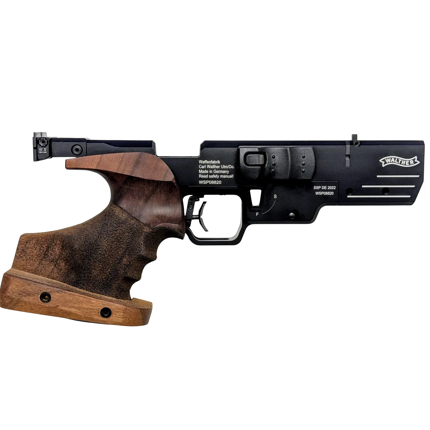 schwarze Sportpistole mitHolzgriff und Walther Logo auf dem System  rechtssetig