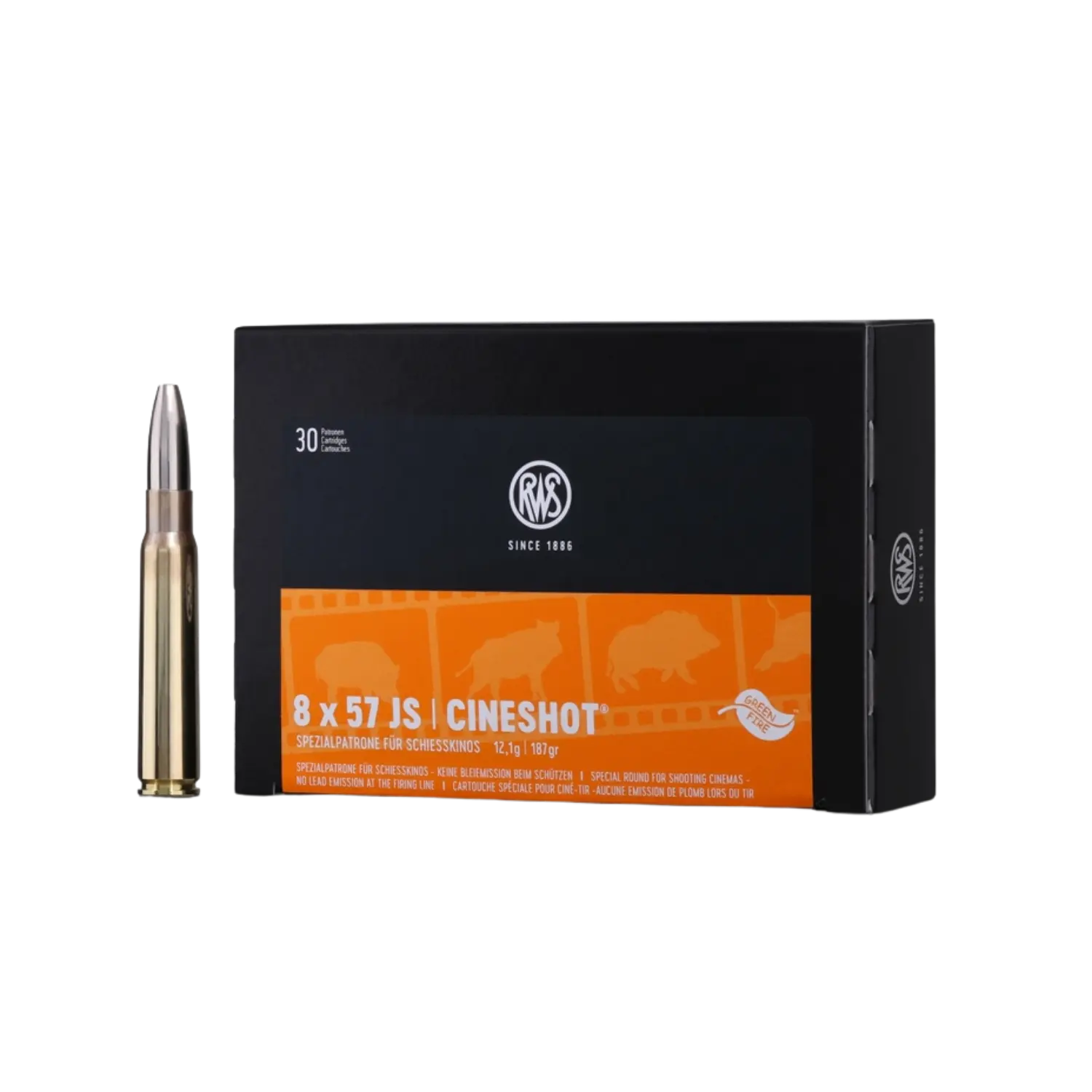Cineshot 8x57 JS Spezialpatrone für Schießkino 187 grs 30 Schuss Schwarze Verpackung mit orangefarbenem Etikett, darauf weiße Schrift '8 x 57 JS | CINESHOT' und Tier-Silhouetten, daneben eine Patronenhülse mit silberner Spitze.