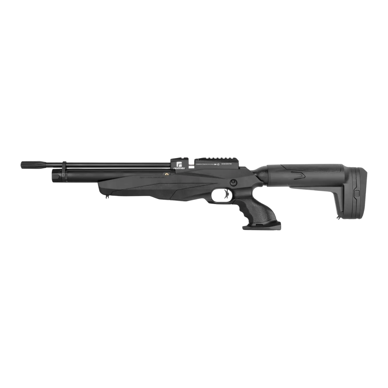 Schwarze Luftgewehr mit einem langen Lauf, ergonomischem Griff und einem verstellbaren Schaft. Sichtbare Montageschiene auf dem Gehäuse.