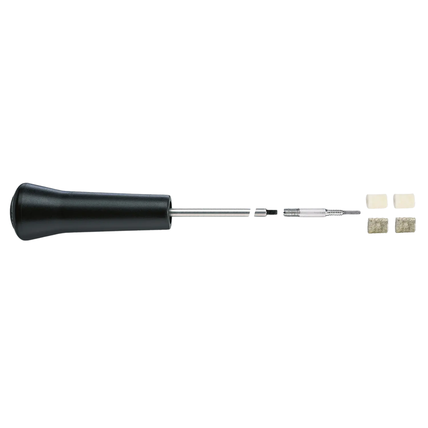 Putzstock für Flinten mit schwarzem Griff, Metallstange und vier austauschbaren Bürstenköpfen in zwei Farben.