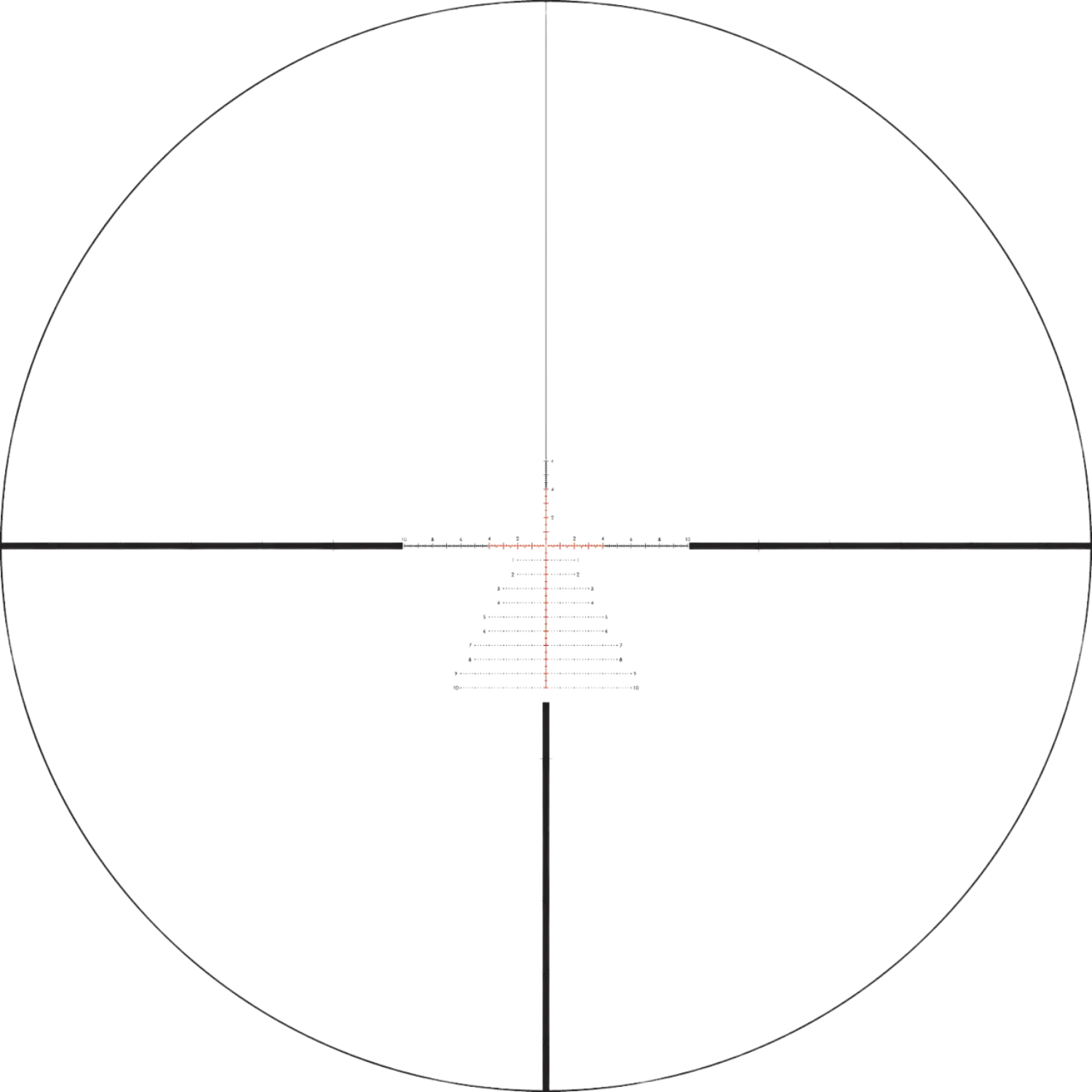 Schwarz-weiße Absehen-Darstellung mit feinen Linien, zentralem Kreuz und abgestuften Markierungen unterhalb des Zentrums.