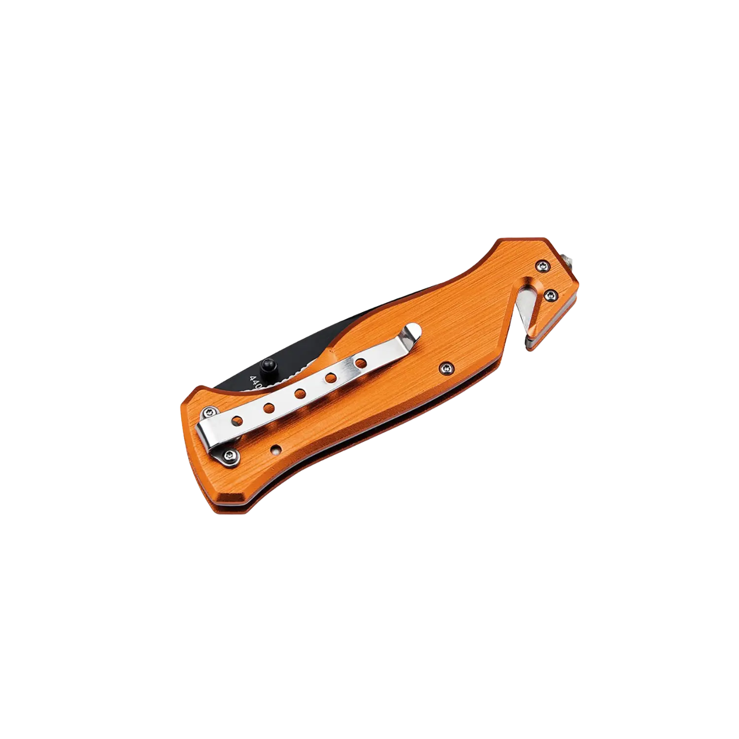 DMAX Medic Rettungsmesser Klappmesser mit orangefarbenem Griff, Metallclip und integriertem Gurtschneider