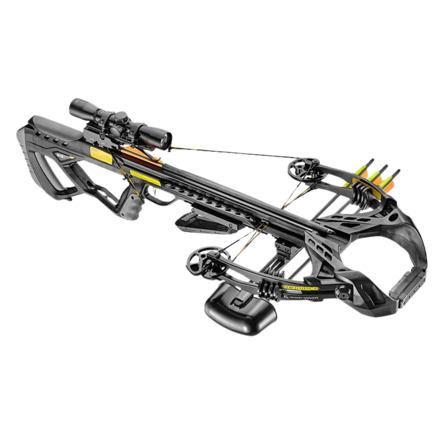 Schwarze Armbrust mit Zielfernrohr, Pfeilauflage und Pfeilen in einem Halter am vorderen Ende.