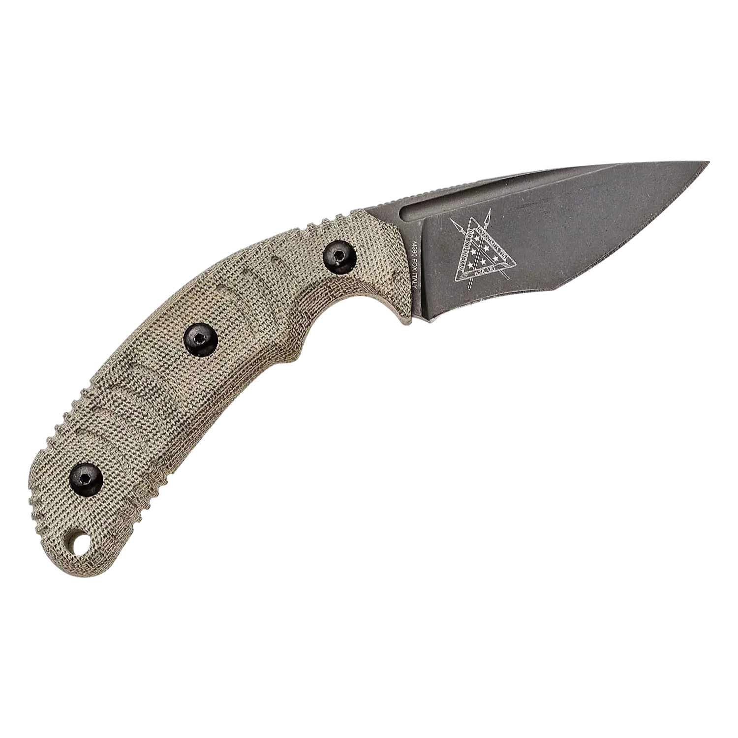 Bastinelli Askari Messer mit grünem Micarta-Griff, gebogene Klinge mit Logo, drei schwarze Schrauben am Griff.