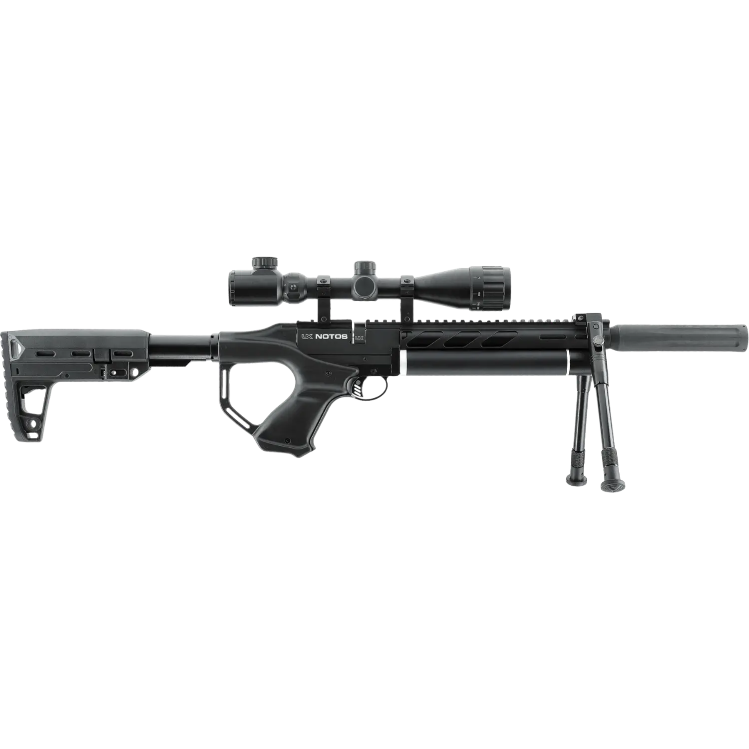Umarex UX Notos Pressluftgewehr mit Zielfernrohr, verstellbarem Schaft, Zweibein und Schalldämpfer in schwarzem Design.