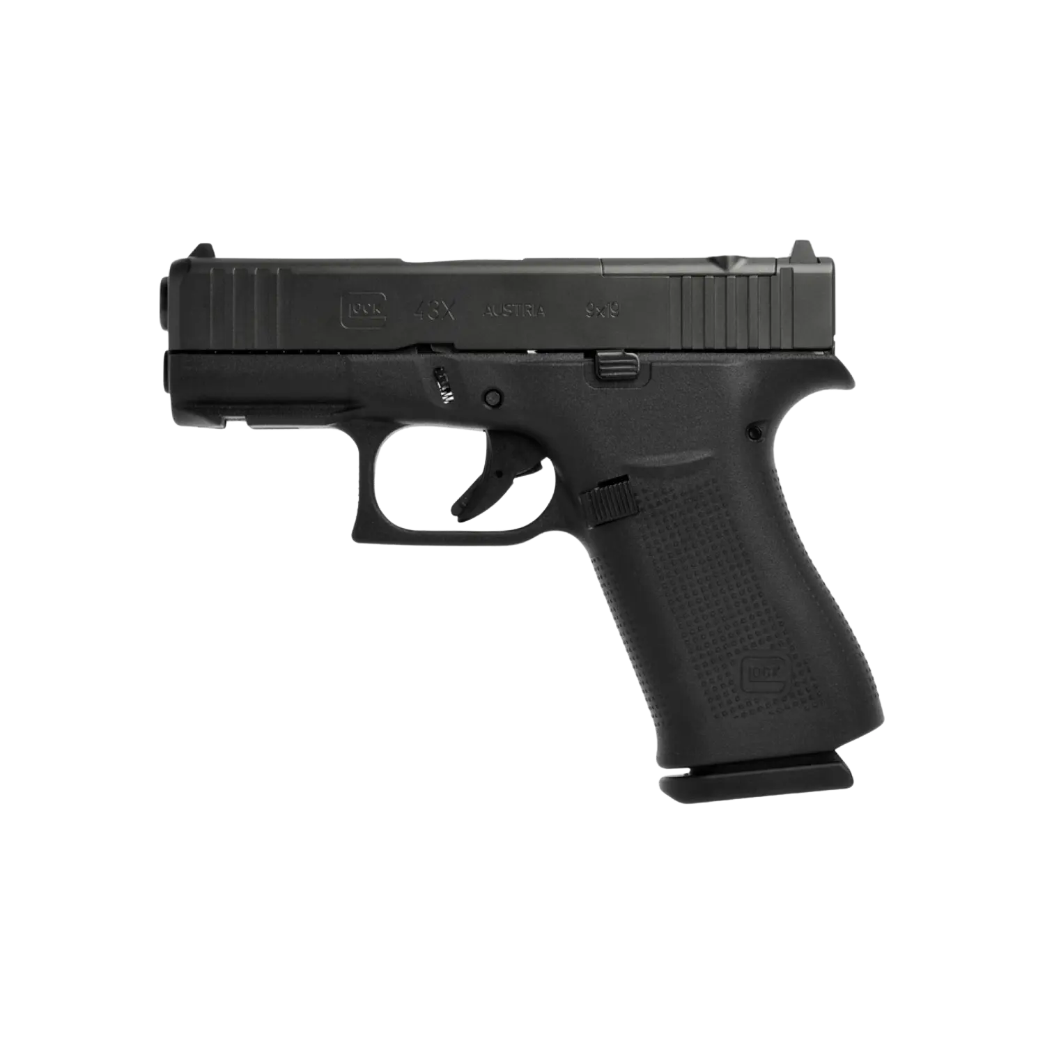 Glock G43x, eine kompakte 9mm Pistole, schwarz, mit einem abgerundeten Griff und einem kurzen Lauf, seitliche Ansicht.