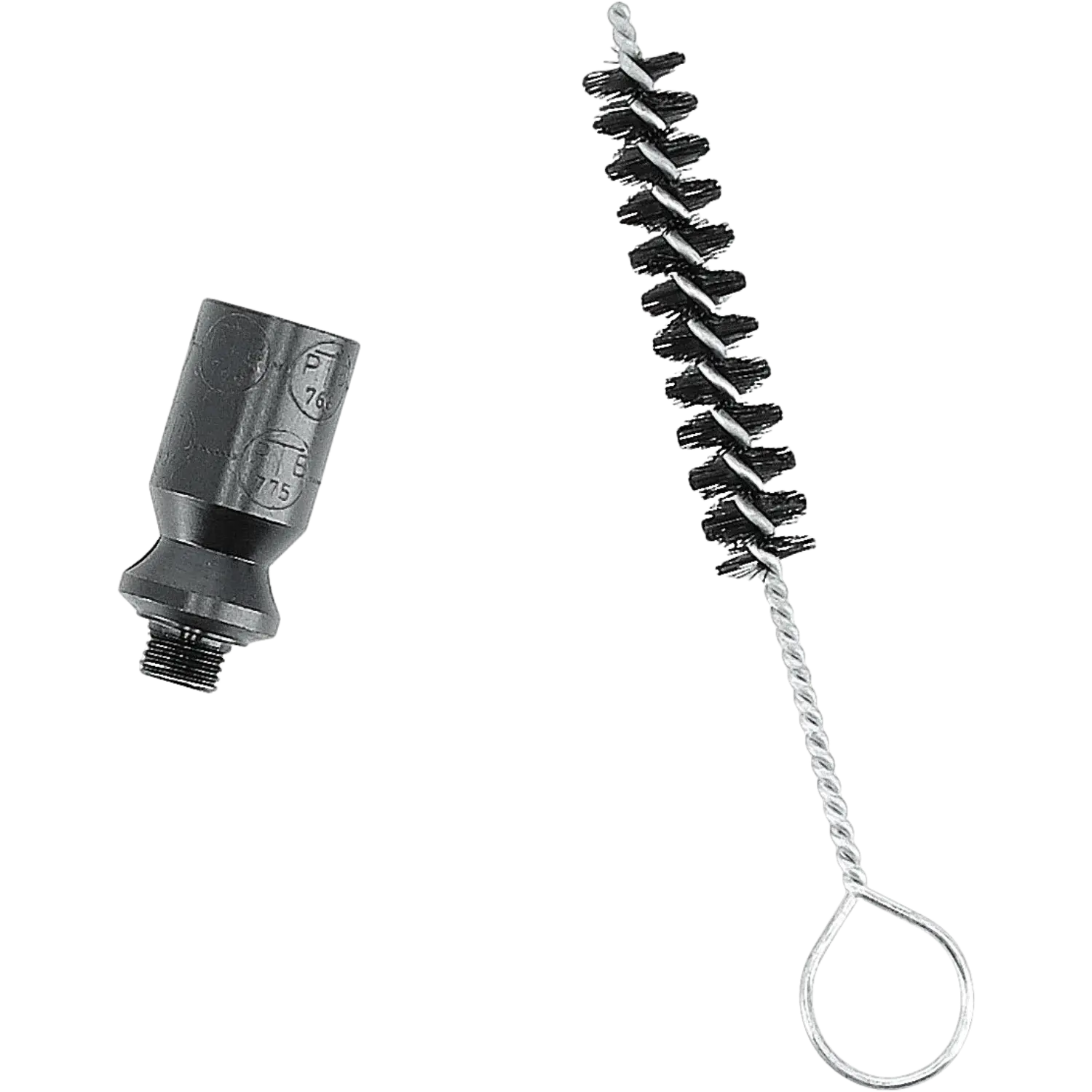 Schwarzes, zylindrisches Zubehörteil mit Gewinde neben einer Reinigungsbürste mit schwarzem Borstenkopf und Drahtgriff.