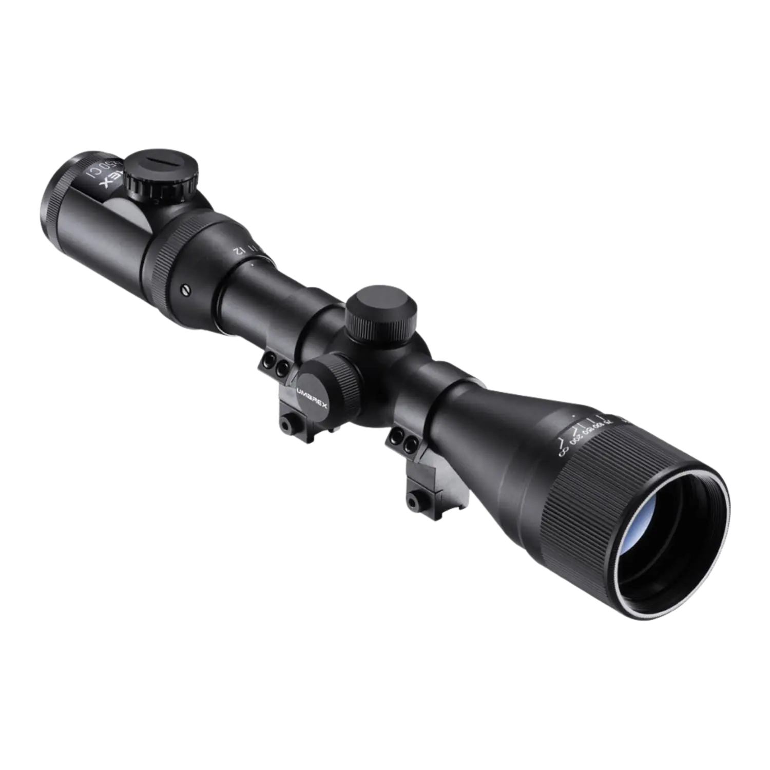 Umarex Zielfernrohr ZF4-12x50, schwarz, mit zwei Einstellrädern und Montagebasis, länglich mit einem großen Objektiv.