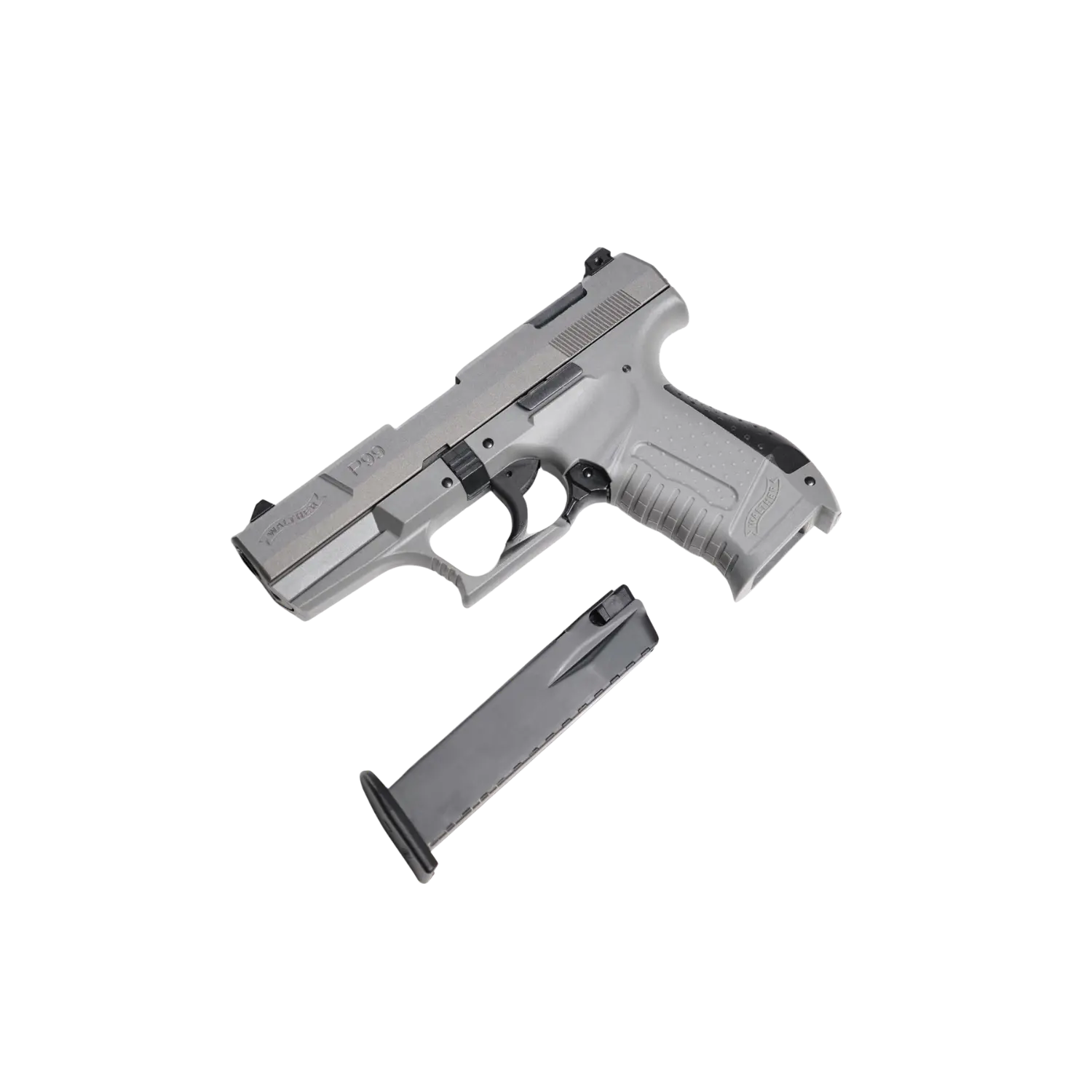 Graue Walther P99 SV Schreckschusswaffe 9mm mit Stahlverschluss und abgenommenem Magazin.