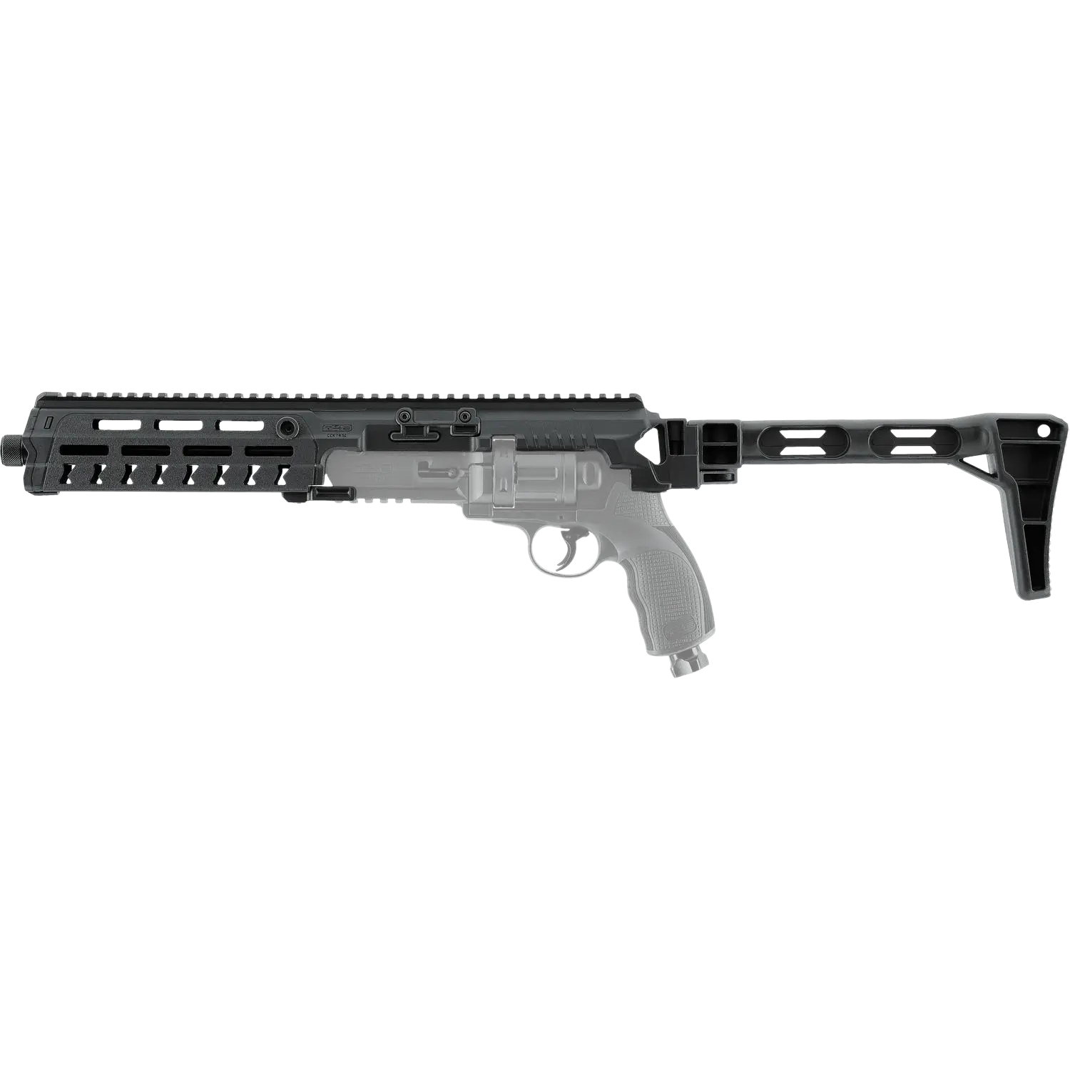 T4E Carbine Conversion Kit TR50, schwarz, mit Schaft und Picatinny-Schiene, für Umwandlung von Handfeuerwaffen.