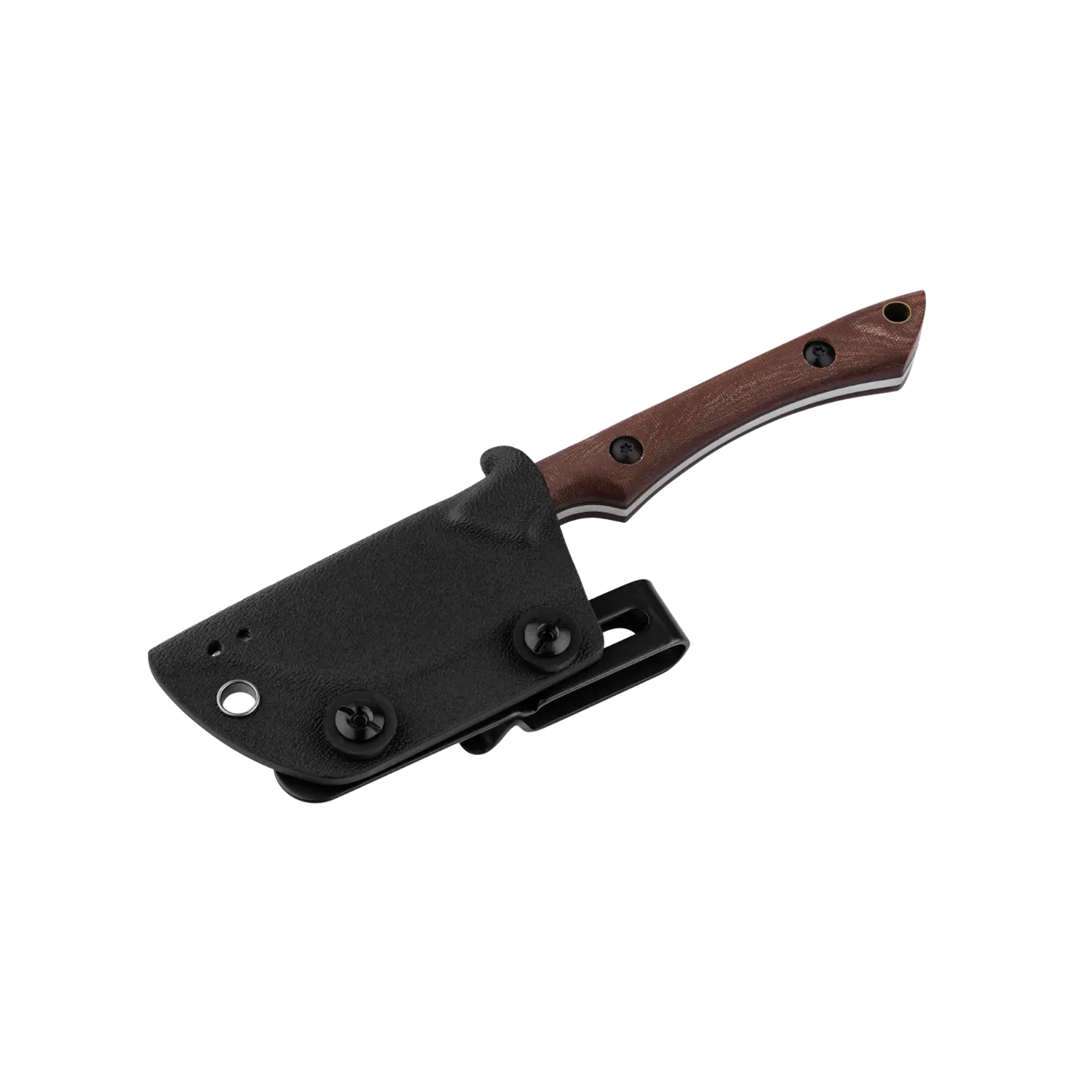Böker Plus Pocket M.U.K. Neck Knife mit braunem Holzgriff und schwarzer Scheide.