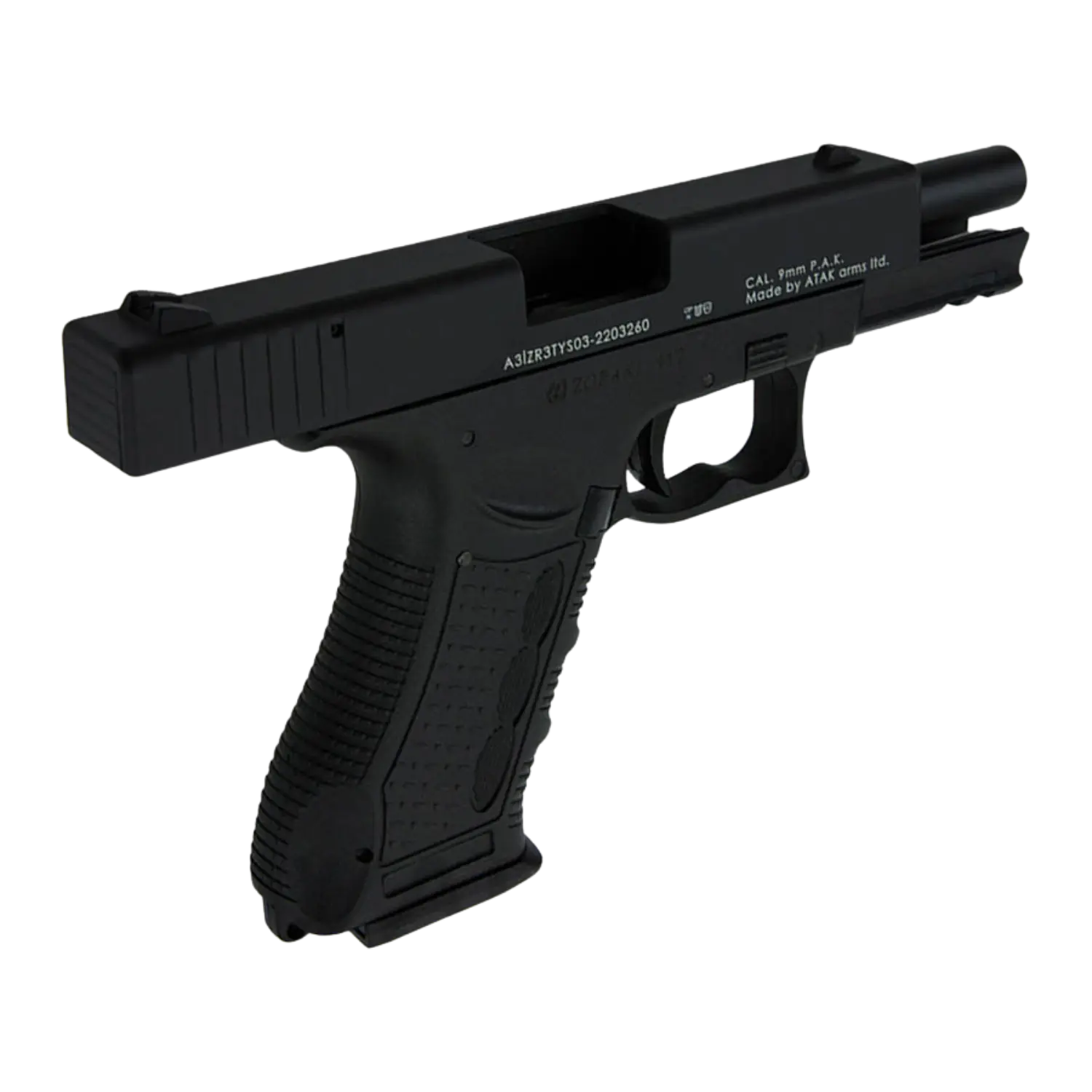 Schwarze Zoraki 917 Schreckschuss-Pistole mit strukturiertem Griff und Aufschrift 'CAL. 9mm P.A.K. Made by ATAK arms ltd.' auf dem Lauf