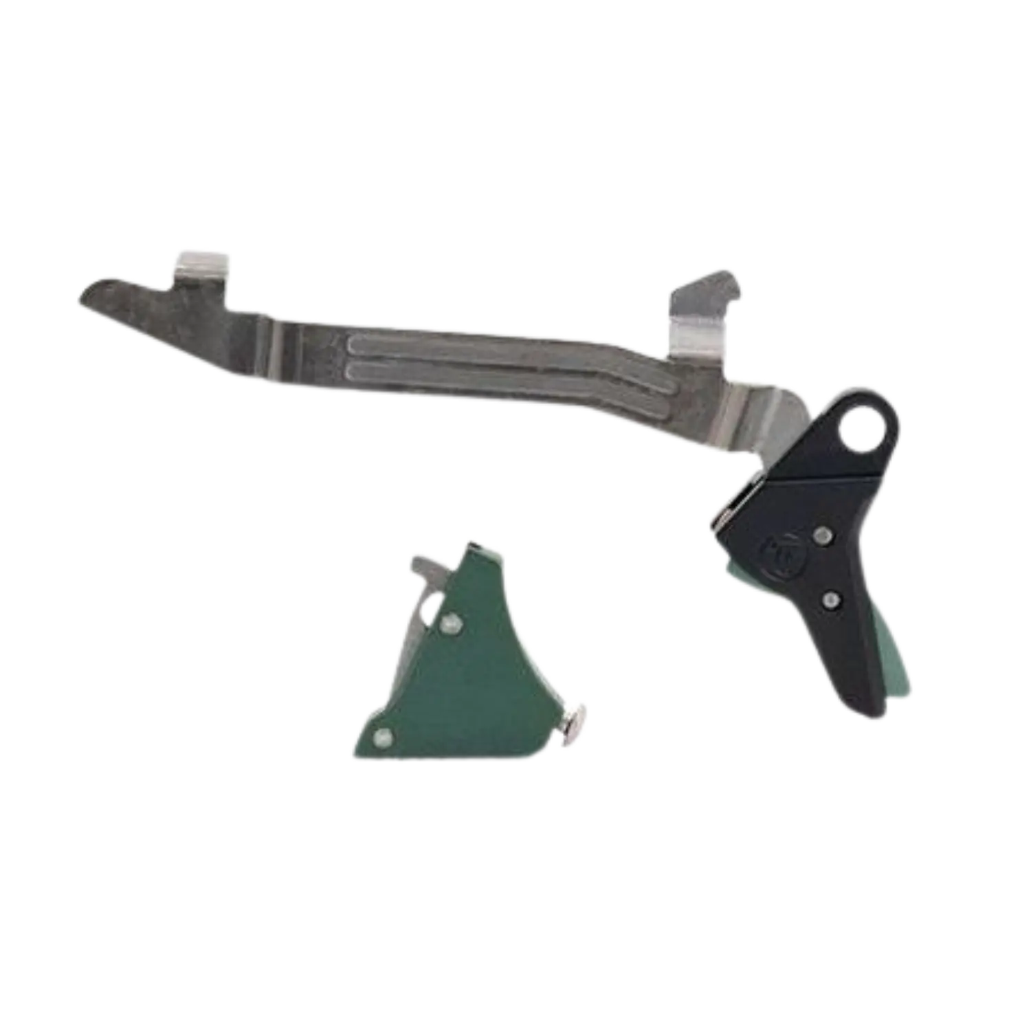 Timney Alpha Abzug für Glock Gen 5 Grün Metallischer Abzug mit schwarzem und grünem Hebel, länglicher Form mit mehreren Schrauben und Aussparungen.