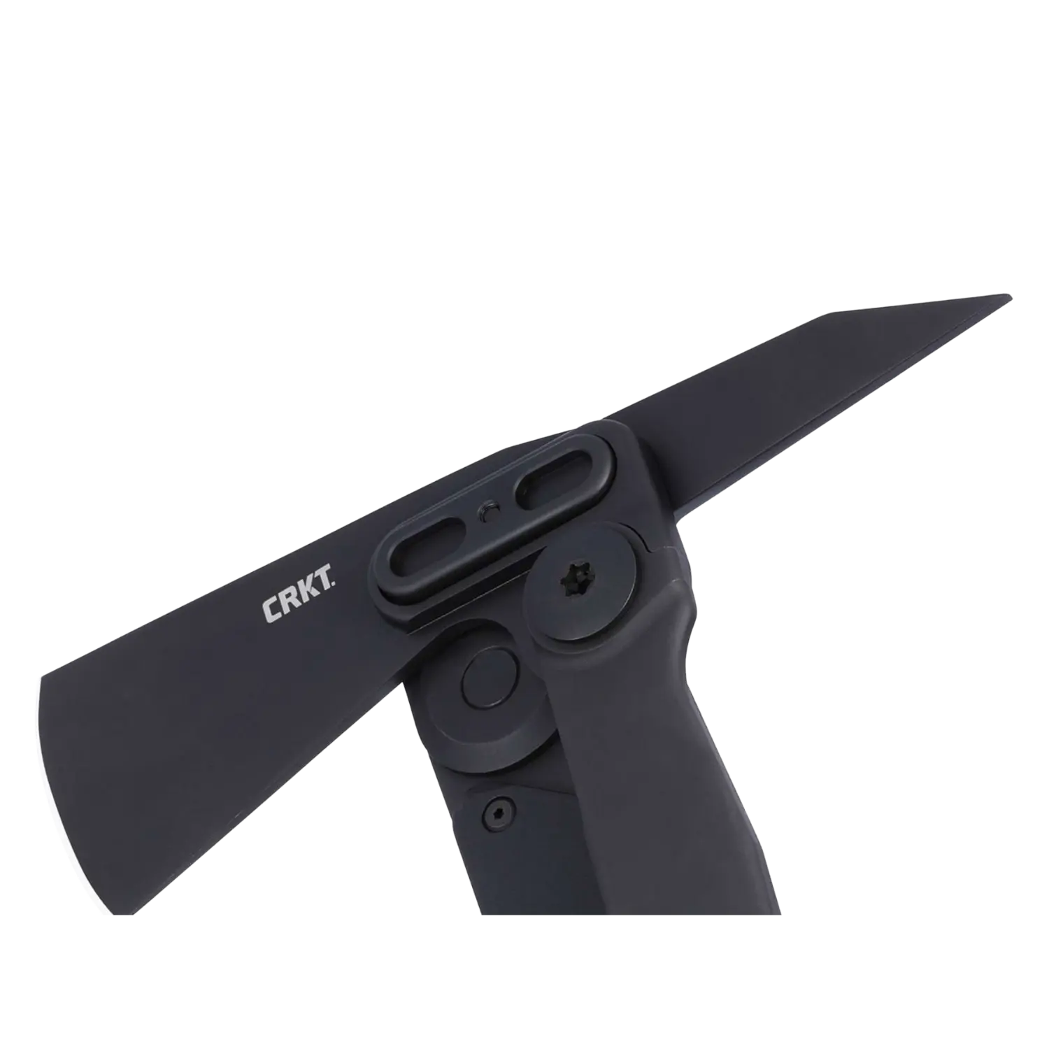 Klappbare Axt mit schwarzem Griff und Klinge, auf der Klinge steht 'CRKT'