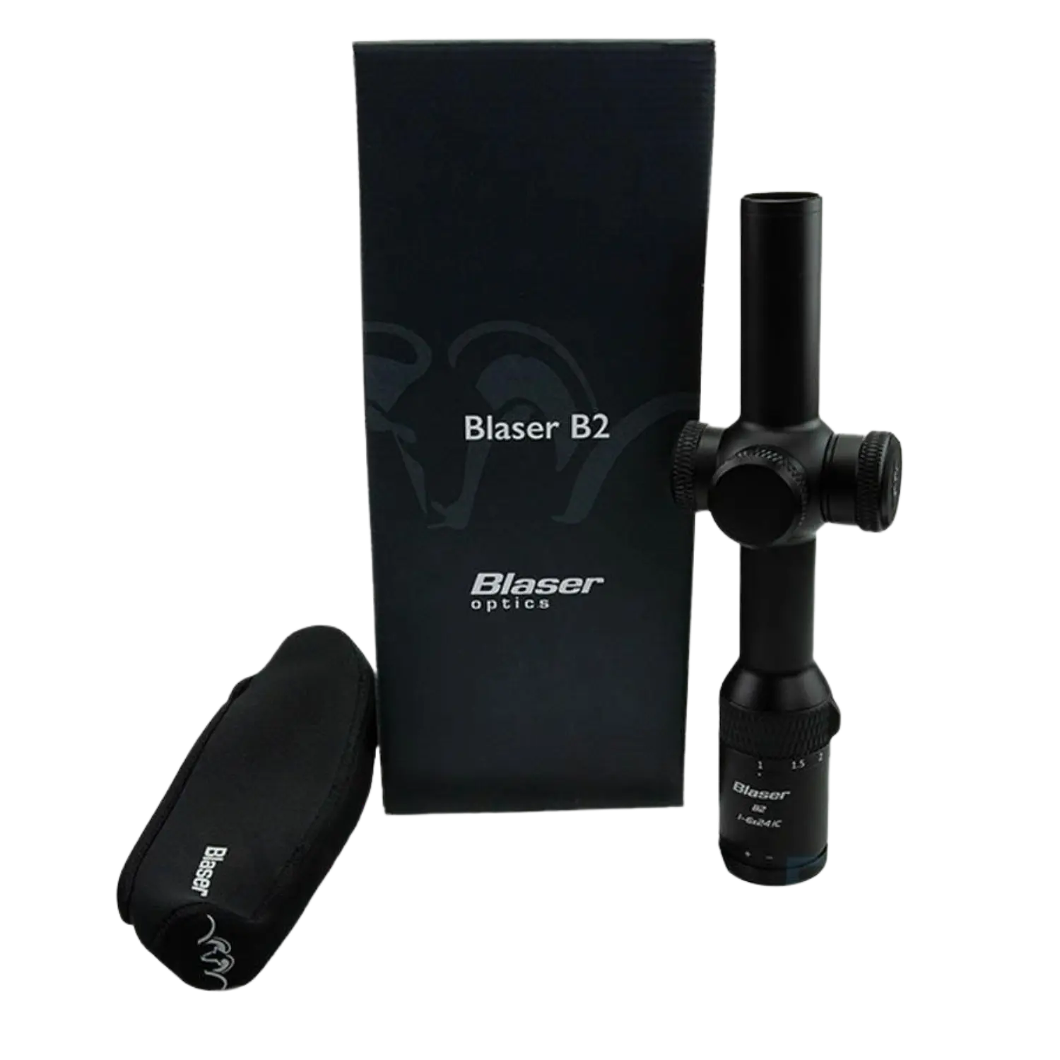 schwarzes Blaser Zielfernrohr mit Verpackung und Abdeckung