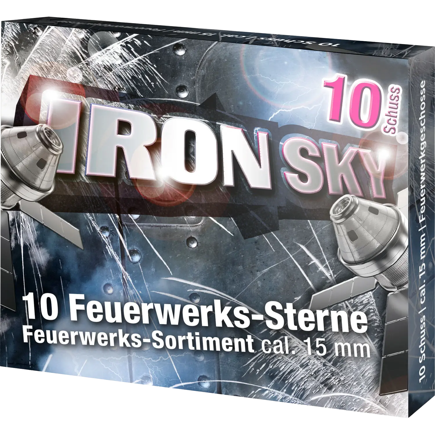 Verpackung mit der Aufschrift 'IRON SKY', zeigt zwei silberne Raketen und Text zu 10 Feuerwerks-Sternen, Kaliber 15 mm.