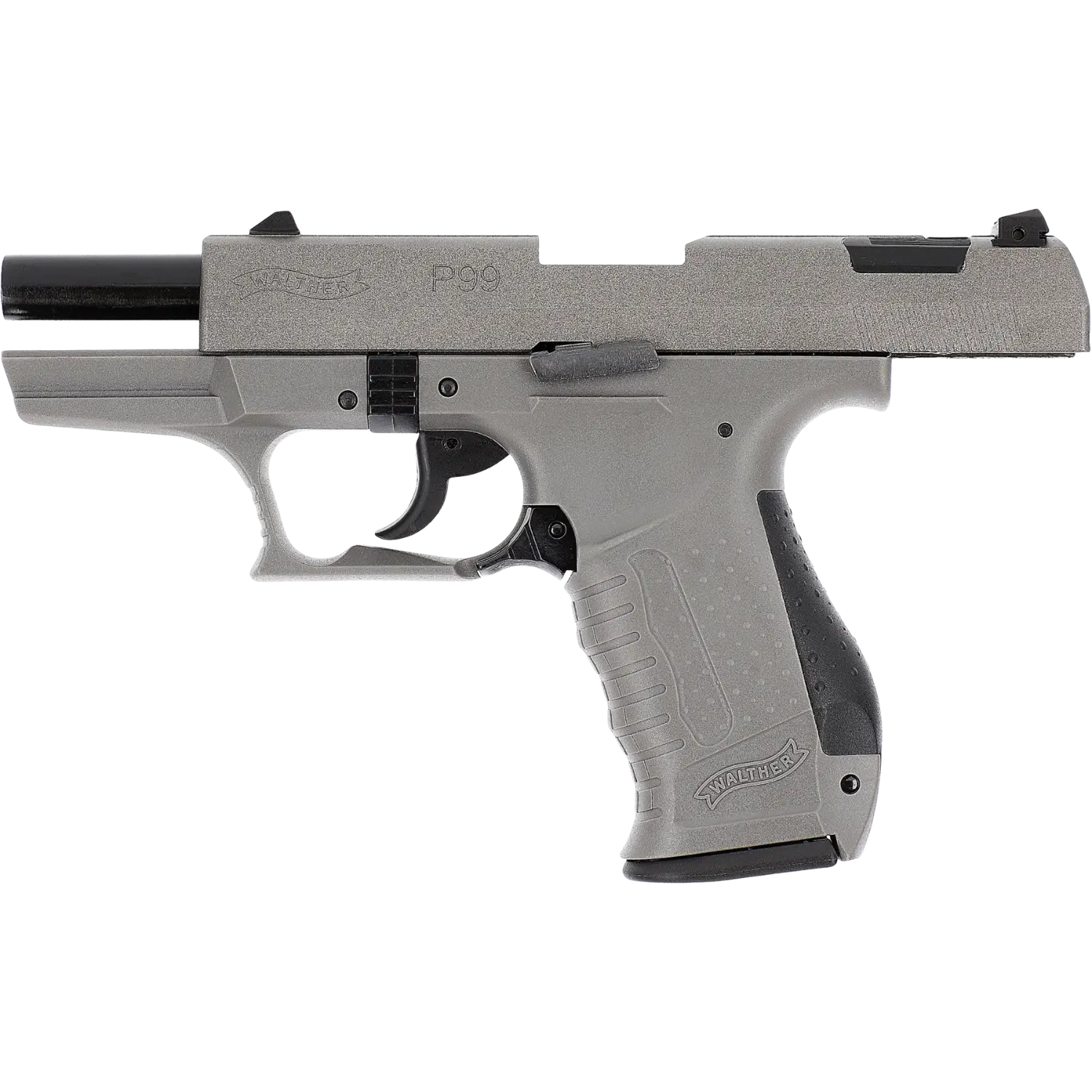 Graue Walther P99 SV Schreckschusswaffe 9mm mit Stahlverschluss, Seitenansicht von links, sichtbare Griffstruktur und Abzug.