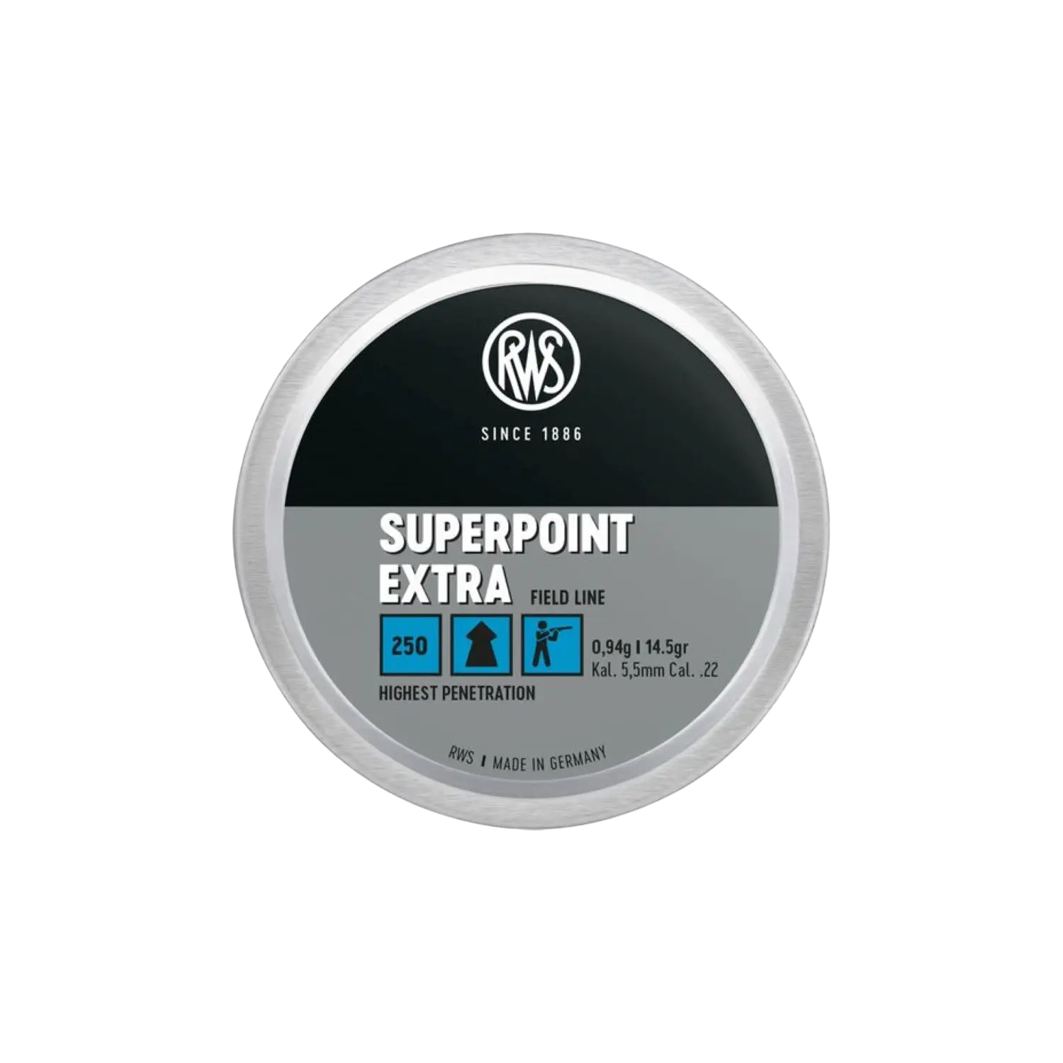 RWS Superpoint EXTRA Kaliber 5,5mm Diabolo 0,94g RWS Superpoint Extra Diabolo, 5,5 mm, 250 Stück, Verpackung zeigt graue und schwarze Farben mit blauer Schrift und Piktogramm.