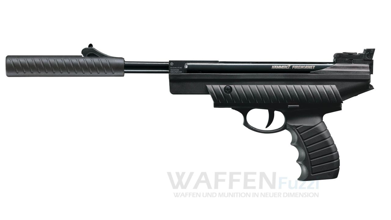 Luftpistole-Firehornet-mit-Aufstecksck-Ladehilfe Hämmerli Firehornet Luftpistole mit Spannhilfe in Schalldämpferoptik