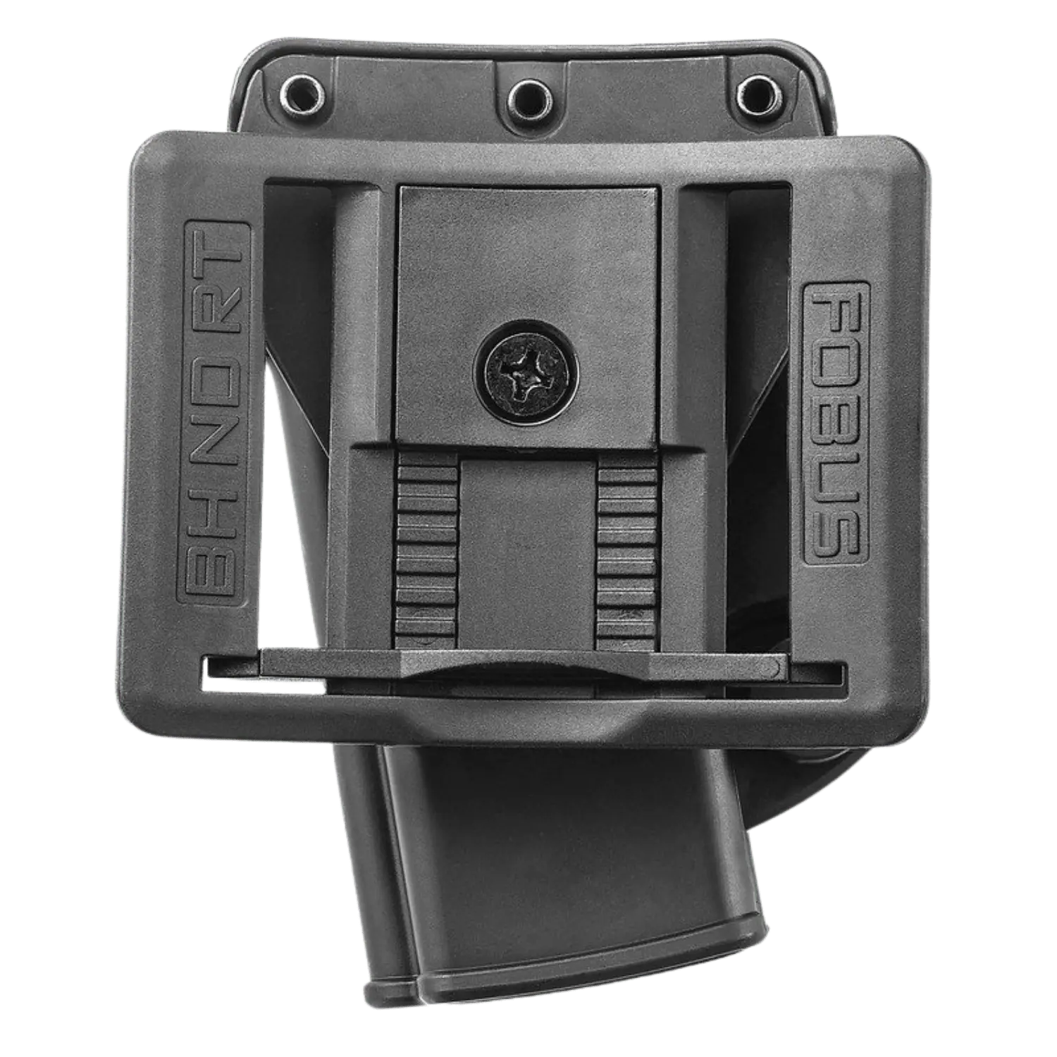 Schwarzes Fobus Holster mit rechteckiger Form, sichtbarem Magazin und den Prägungen 'BH NORT' und 'FOBUS' auf der Vorderseite.