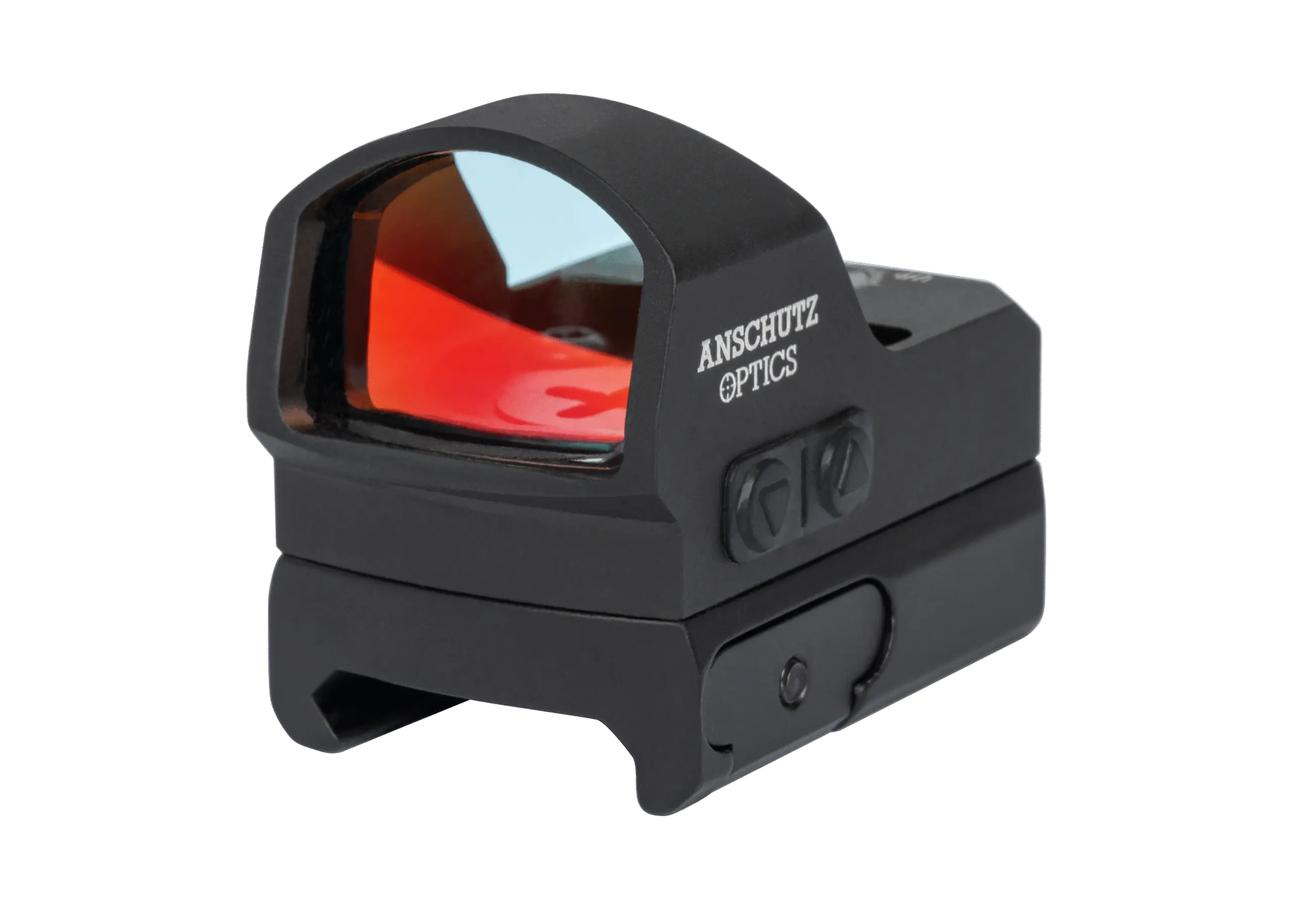Schwarzfarbige Zieloptik von Anschütz mit einem rechteckigen Gehäuse und durchsichtigem Reflexglas. Sichtbare Einstellknöpfe und Markierungen.