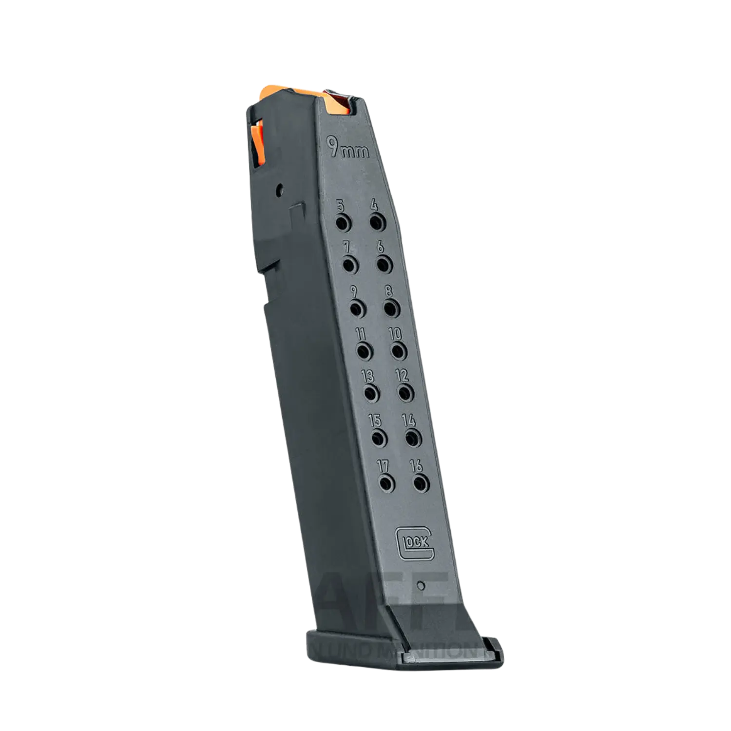 Schwarzes Magazin für Glock 17 Gen5 Schreckschuss mit sichtbaren Patronenlöchern und orangefarbenem Follower.