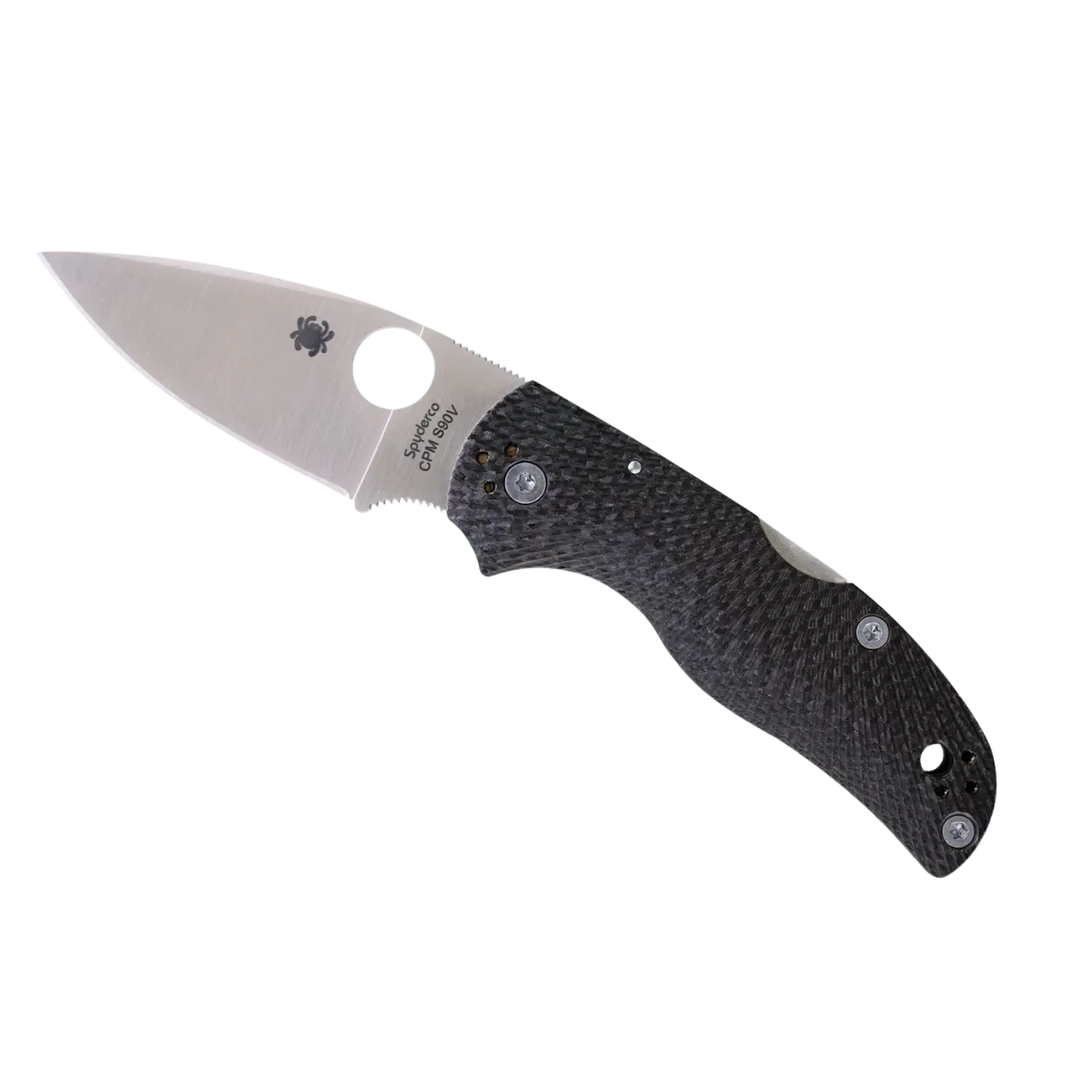 Spyderco Native 5 Carbon Fluted Ein schwarzes und silbernes Klappmesser mit einem schwarzen Griff.