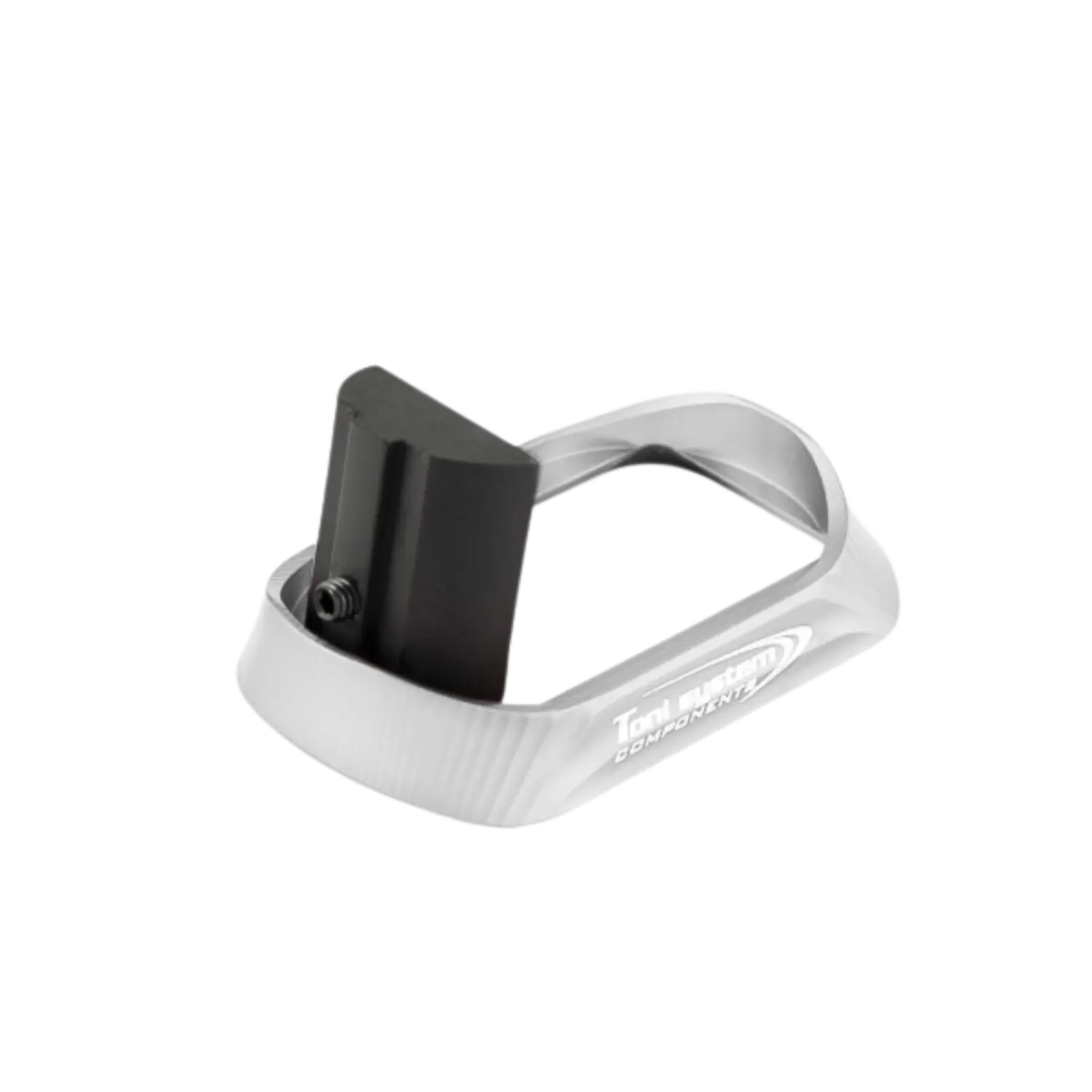 Toni System Standard Magwell für Glock Waffen Silver Silberner Magwell mit schwarzem Einsatz, rechteckig mit abgerundeten Ecken, beschriftet mit 'Toni System Components'