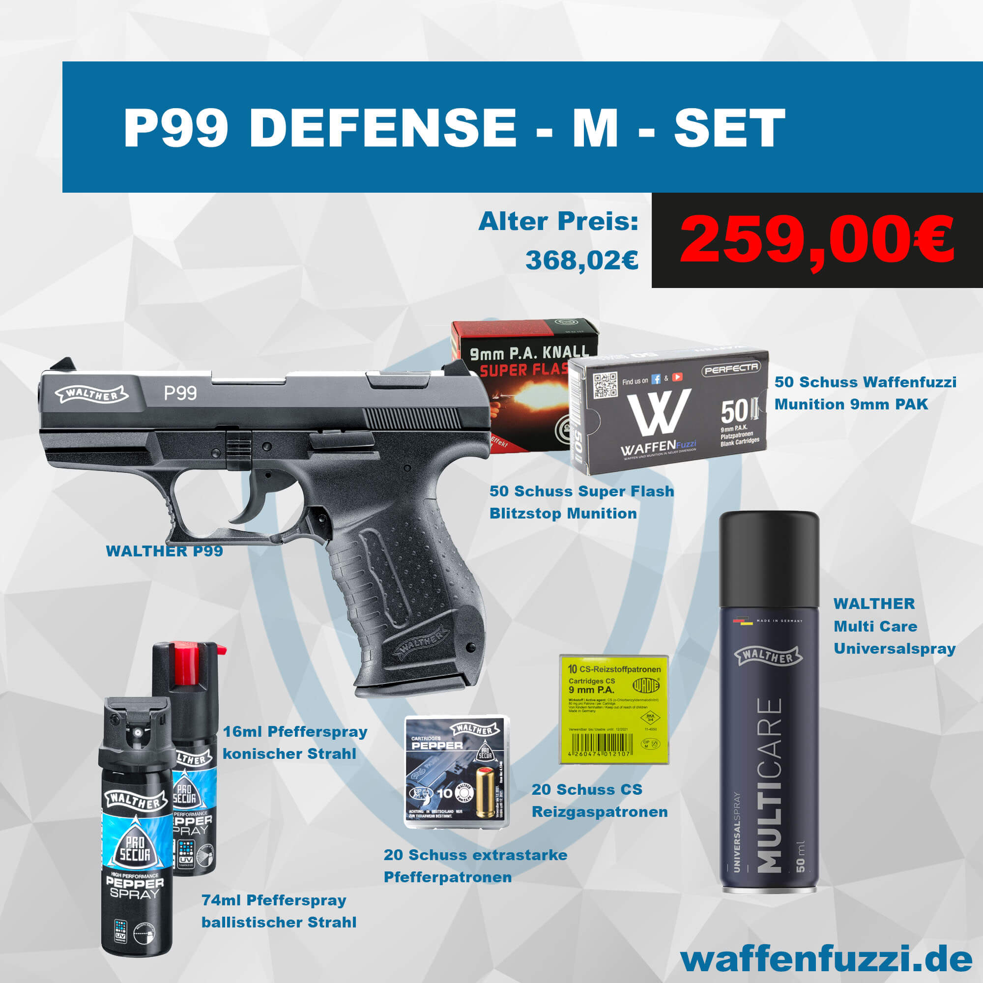Walther P99 Defense M Set. Effektives und gut durchdachtes Selbstverteidigungs-Set. Über 30% sparen.