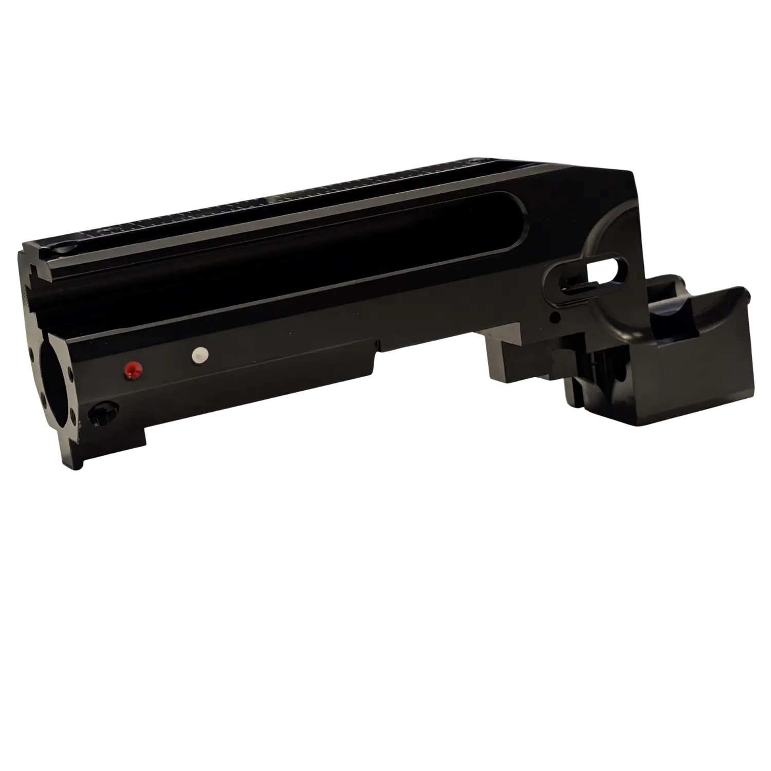 Schwarzes Gehäuse für HW100, länglich mit runden und rechteckigen Aussparungen, zwei kleine farbige Markierungen an der Seite.