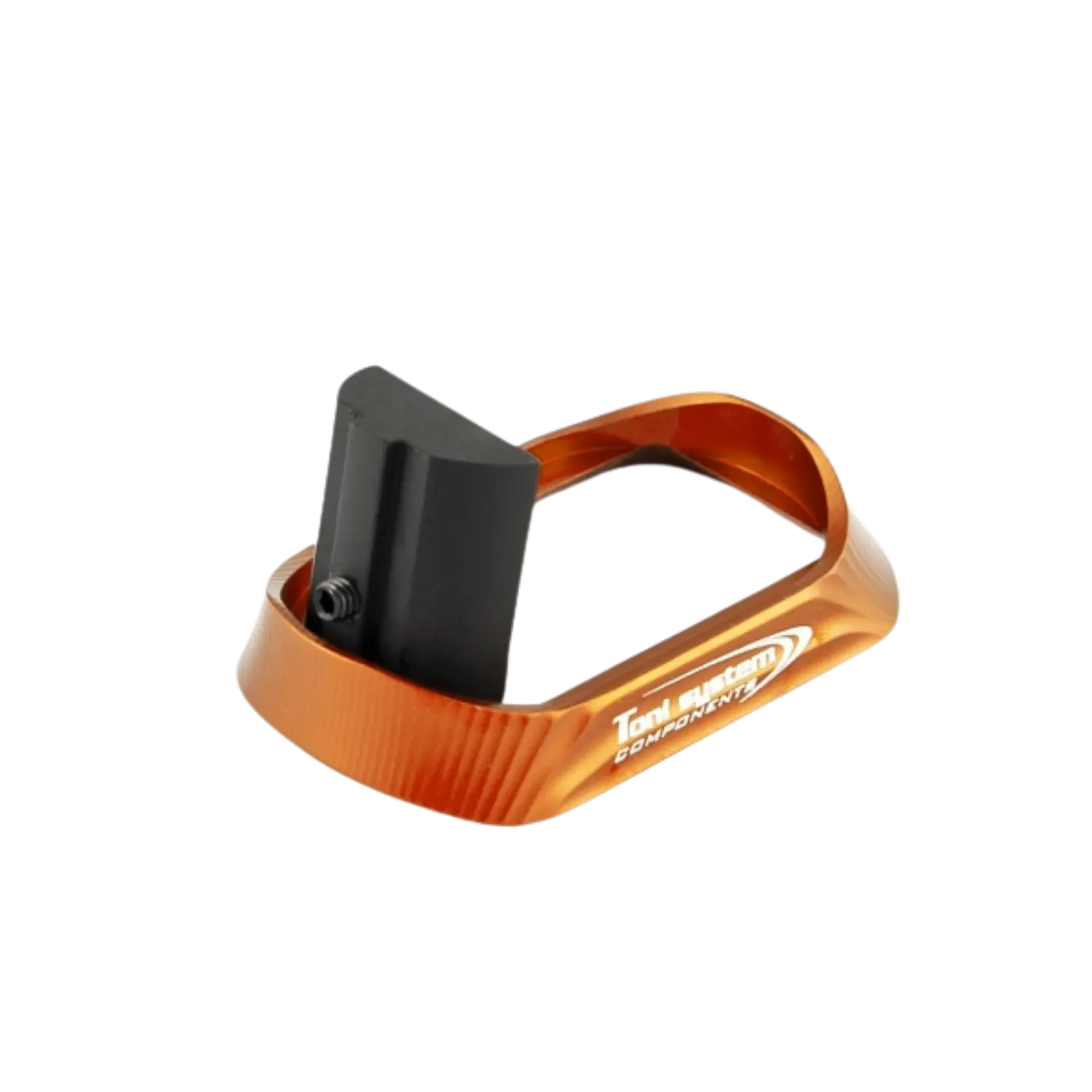 Braun-orangefarbener, rechteckiger Metallrahmen mit schwarzem Einsatz und weißer Aufschrift 'Toni System COMPONENTS'