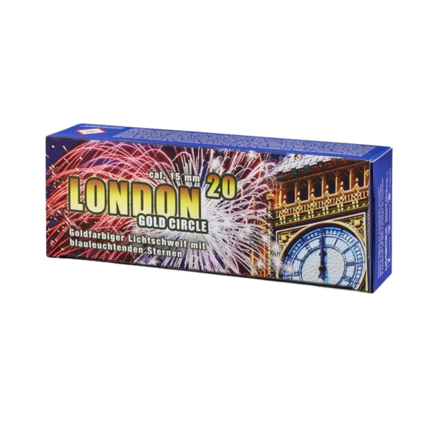 Rechteckige Verpackung mit Feuerwerksmotiv, zeigt goldfarbene Schrift 'LONDON GOLD CIRCLE 20' und ein Bild der Uhr des Big Ben mit Feuerwerk im Hintergrund.