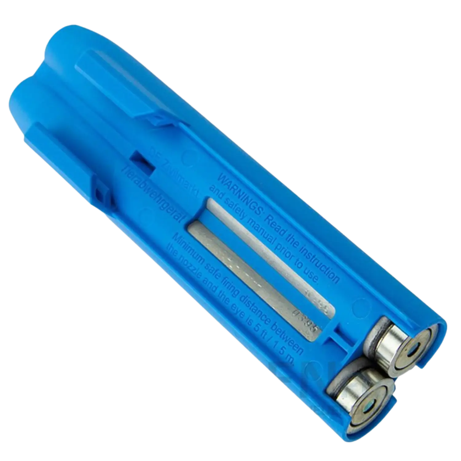 Trainingsmagazin Jet Protector JPX Blauer Trainingsmagazin JetProtector JPX mit zwei sichtbaren Patronen und Warnhinweisen auf der Seite.