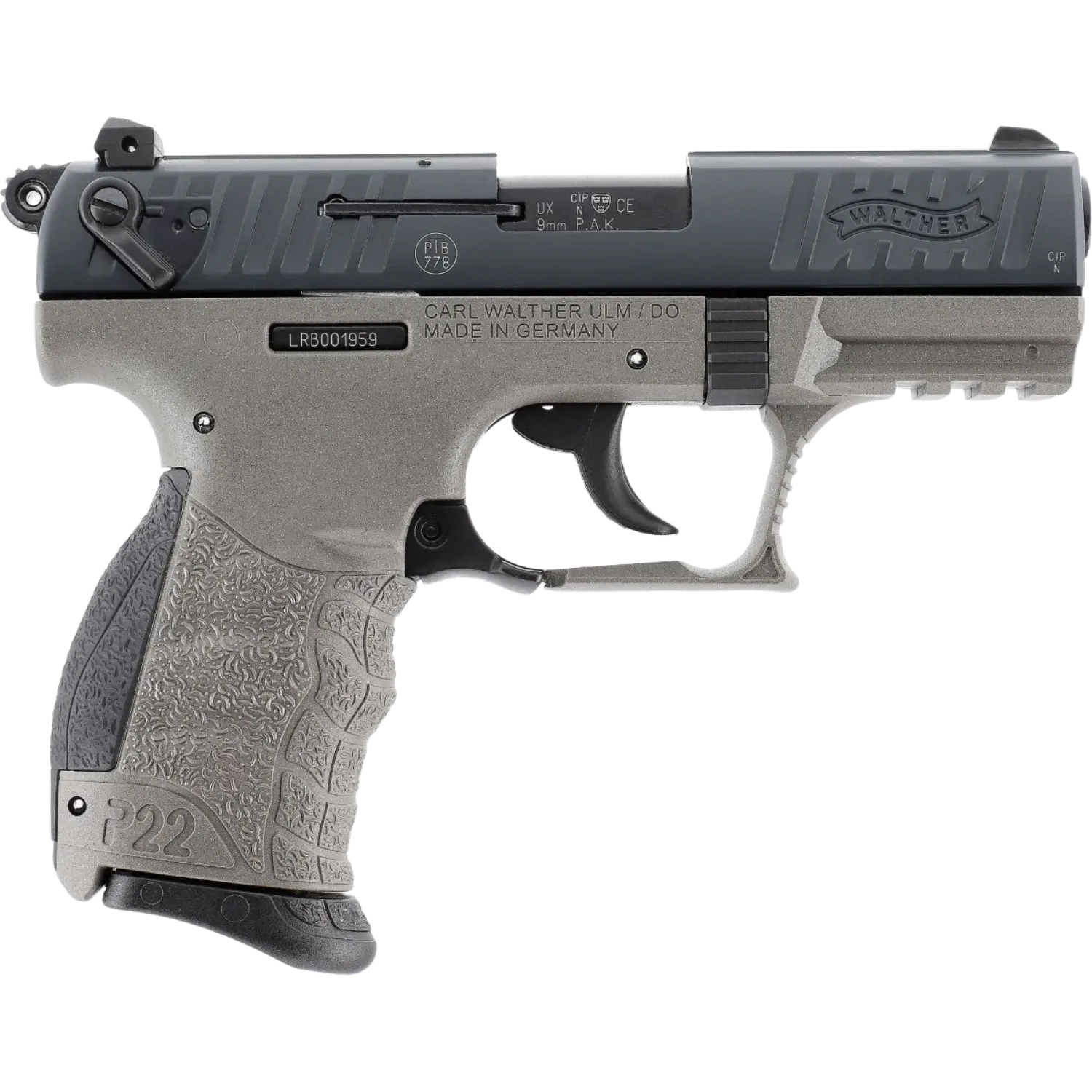 Walther P22Q Schreckschusswaffe in Meteor Grey, kompakte Form, mit schwarzem Oberteil und grauem Griff, sichtbare Griffmusterung.