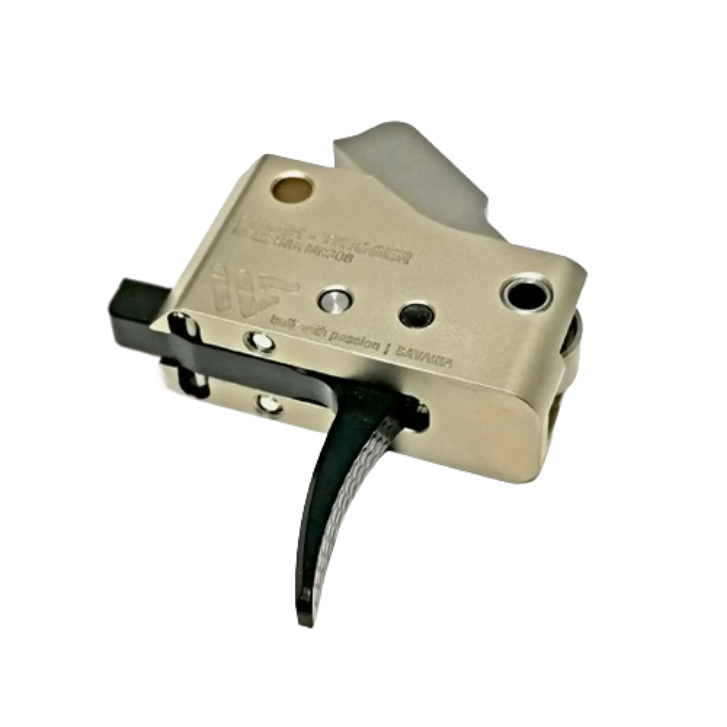 Matchabzug WPNTEC MIMIR für H&K MR308 Straight Curved WPNTEC MIMIR Matchabzug, rechteckige Form, silberne Metalloberfläche, schwarzer Abzug, sichtbare Schrauben und Löcher.